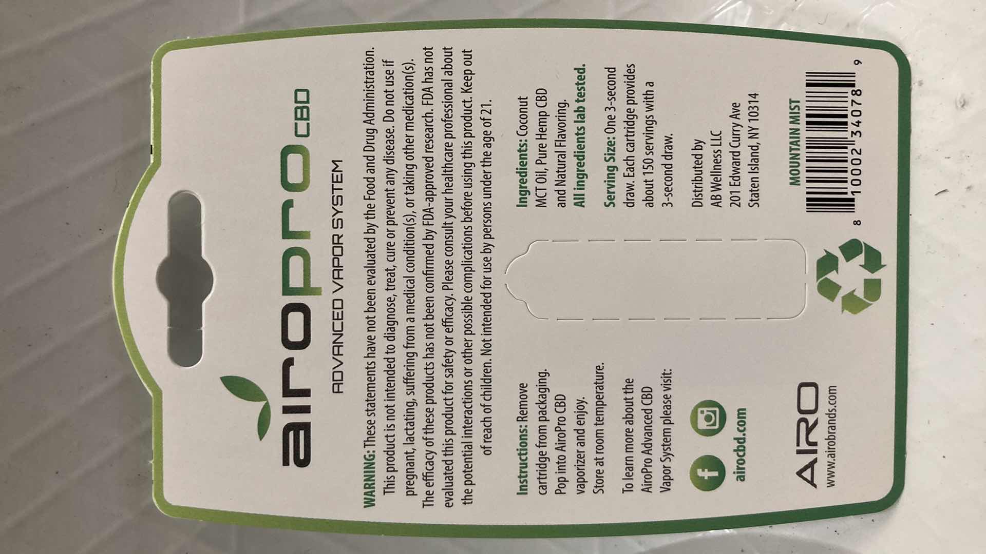 Photo 1 of NEW AIROPRO 200MG CBD OIL CARTRIDGE MOUNTAIN MIST FLAVOR (10)
