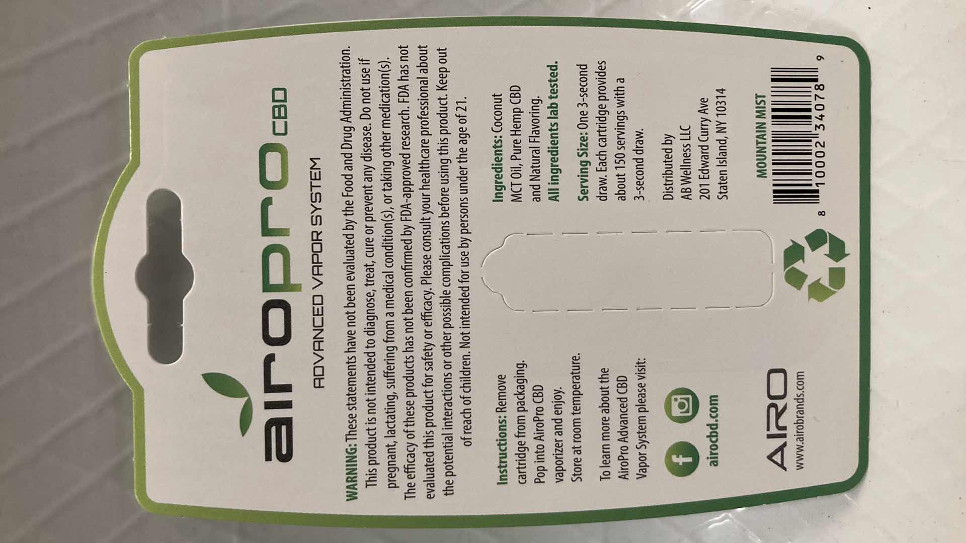 Photo 1 of NEW AIROPRO 200MG CBD OIL CARTRIDGE MOUNTAIN MIST FLAVOR (10)