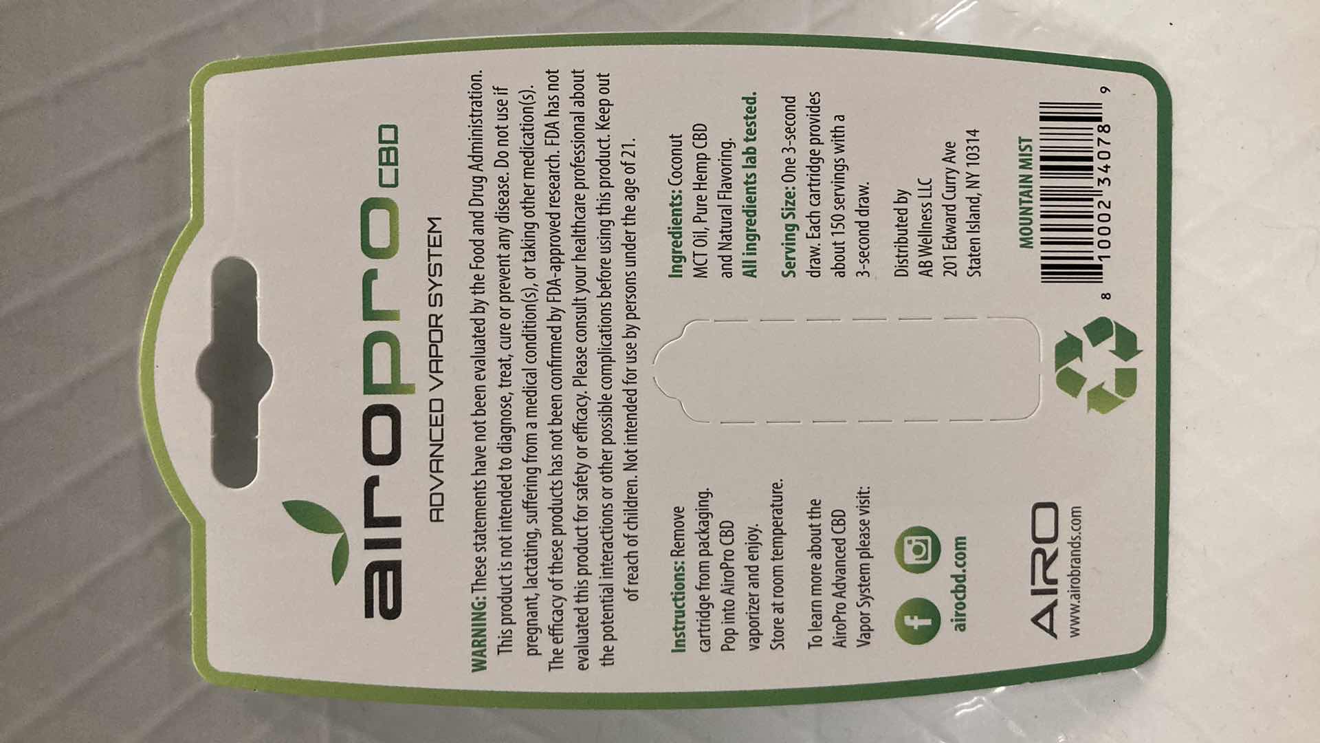 Photo 1 of NEW AIROPRO 200MG CBD OIL CARTRIDGE MOUNTAIN MIST FLAVOR (10)