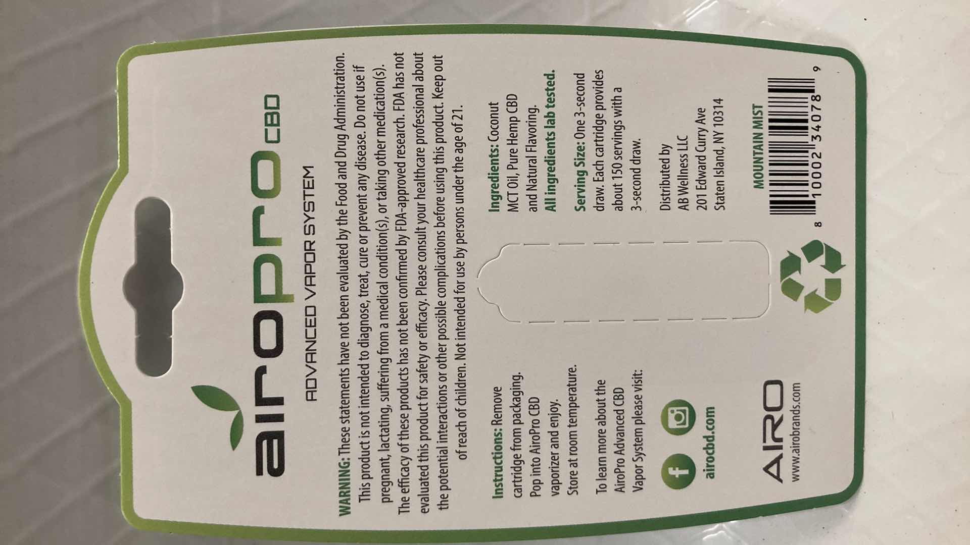 Photo 1 of NEW AIROPRO 200MG CBD OIL CARTRIDGE MOUNTAIN MIST FLAVOR (10)