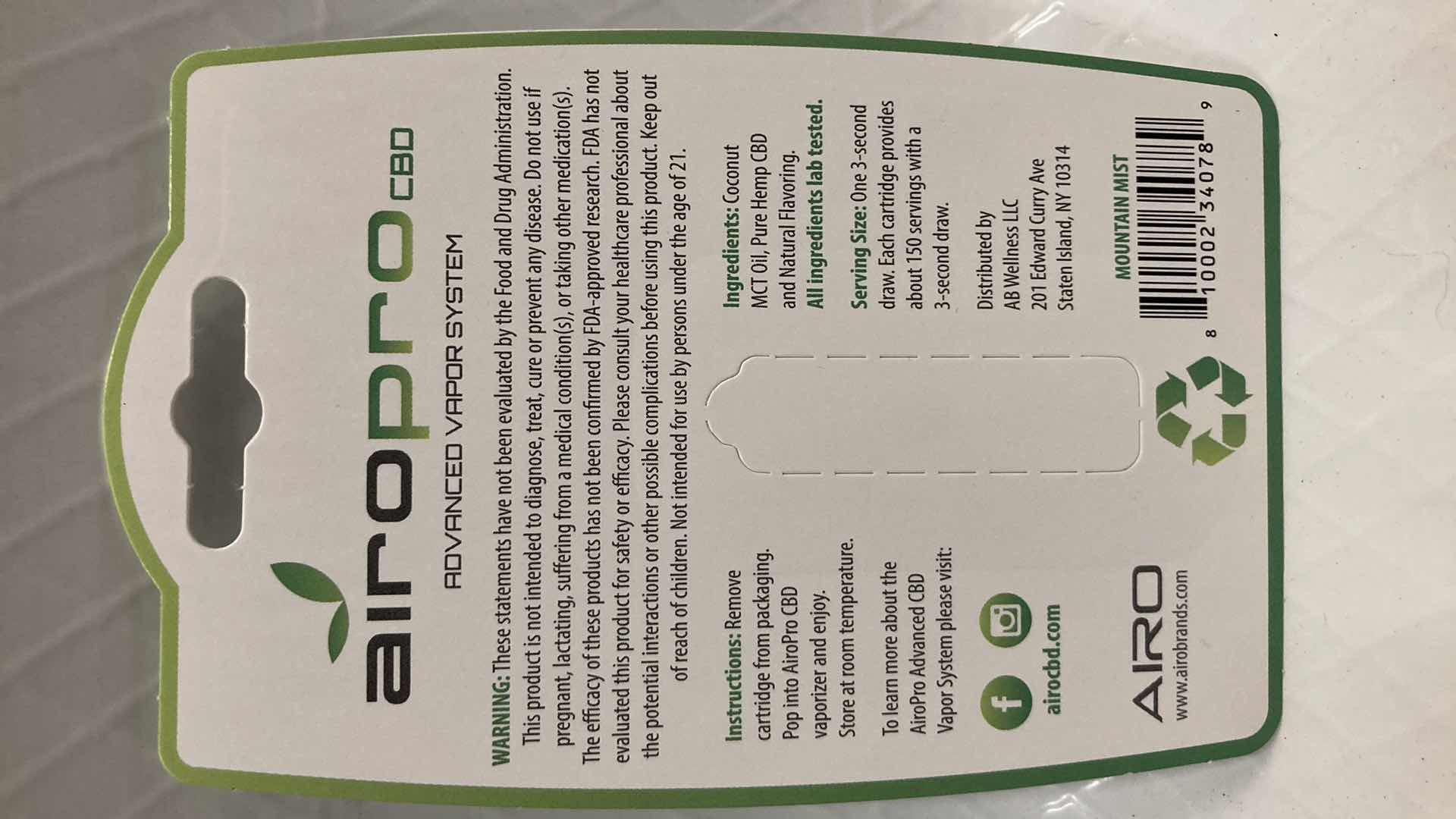Photo 1 of NEW AIROPRO 200MG CBD OIL CARTRIDGE MOUNTAIN MIST FLAVOR (10)