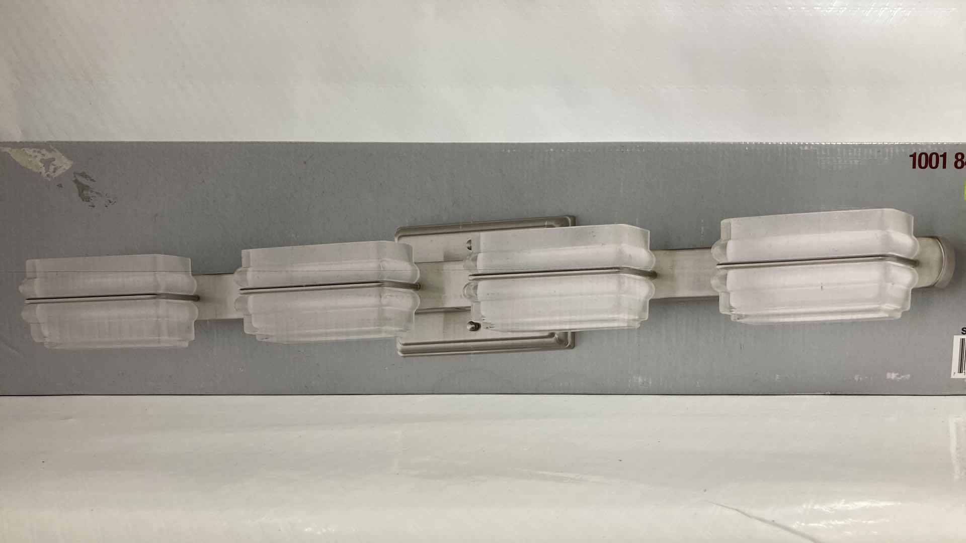 Photo 1 of NEW HOME DECORATORS SALTARELL BRUSHED NICKEL FINISH ETCHED GLASS LED 4 LIGHT VANITY FIXTURE MODEL 1001844652