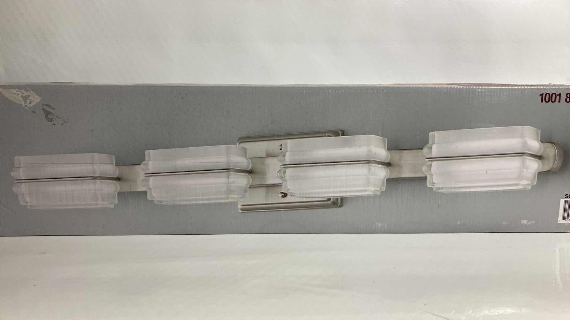 Photo 1 of NEW HOME DECORATORS SALTARELL BRUSHED NICKEL FINISH ETCHED GLASS LED 4 LIGHT VANITY FIXTURE MODEL 1001844652