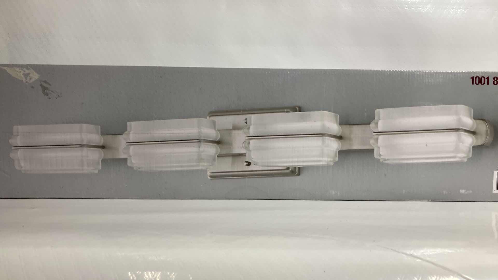 Photo 1 of NEW HOME DECORATORS SALTARELL BRUSHED NICKEL FINISH ETCHED GLASS LED 4 LIGHT VANITY FIXTURE MODEL 1001844652