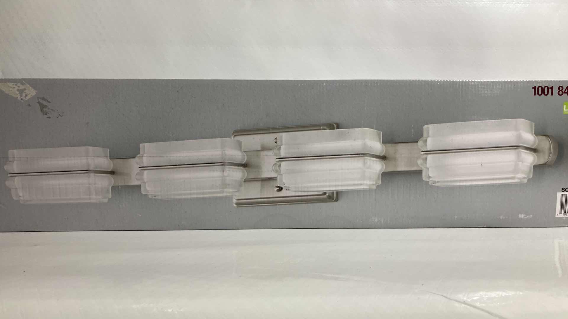 Photo 1 of NEW HOME DECORATORS SALTARELL BRUSHED NICKEL FINISH ETCHED GLASS LED 4 LIGHT VANITY FIXTURE MODEL 1001844652