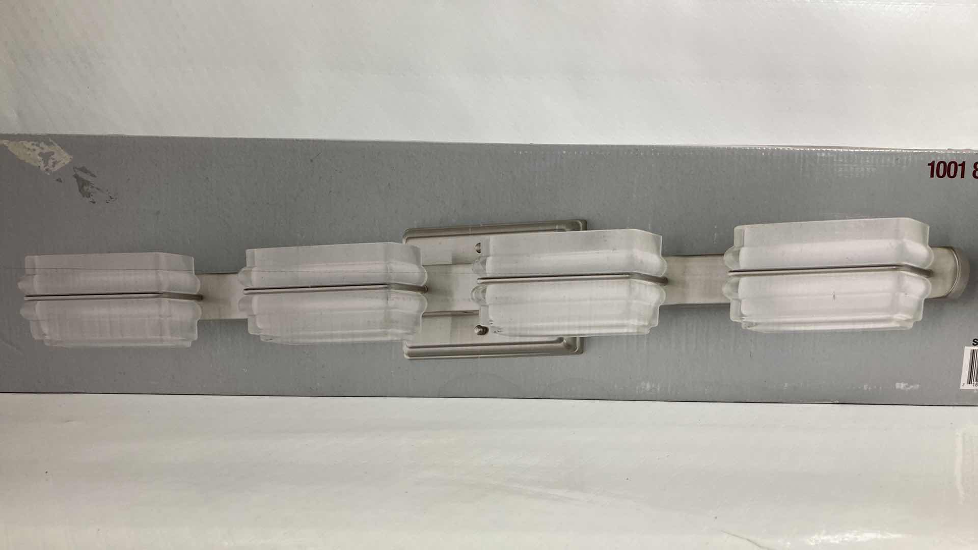 Photo 1 of NEW HOME DECORATORS SALTARELL BRUSHED NICKEL FINISH ETCHED GLASS LED 4 LIGHT VANITY FIXTURE MODEL 1001844652