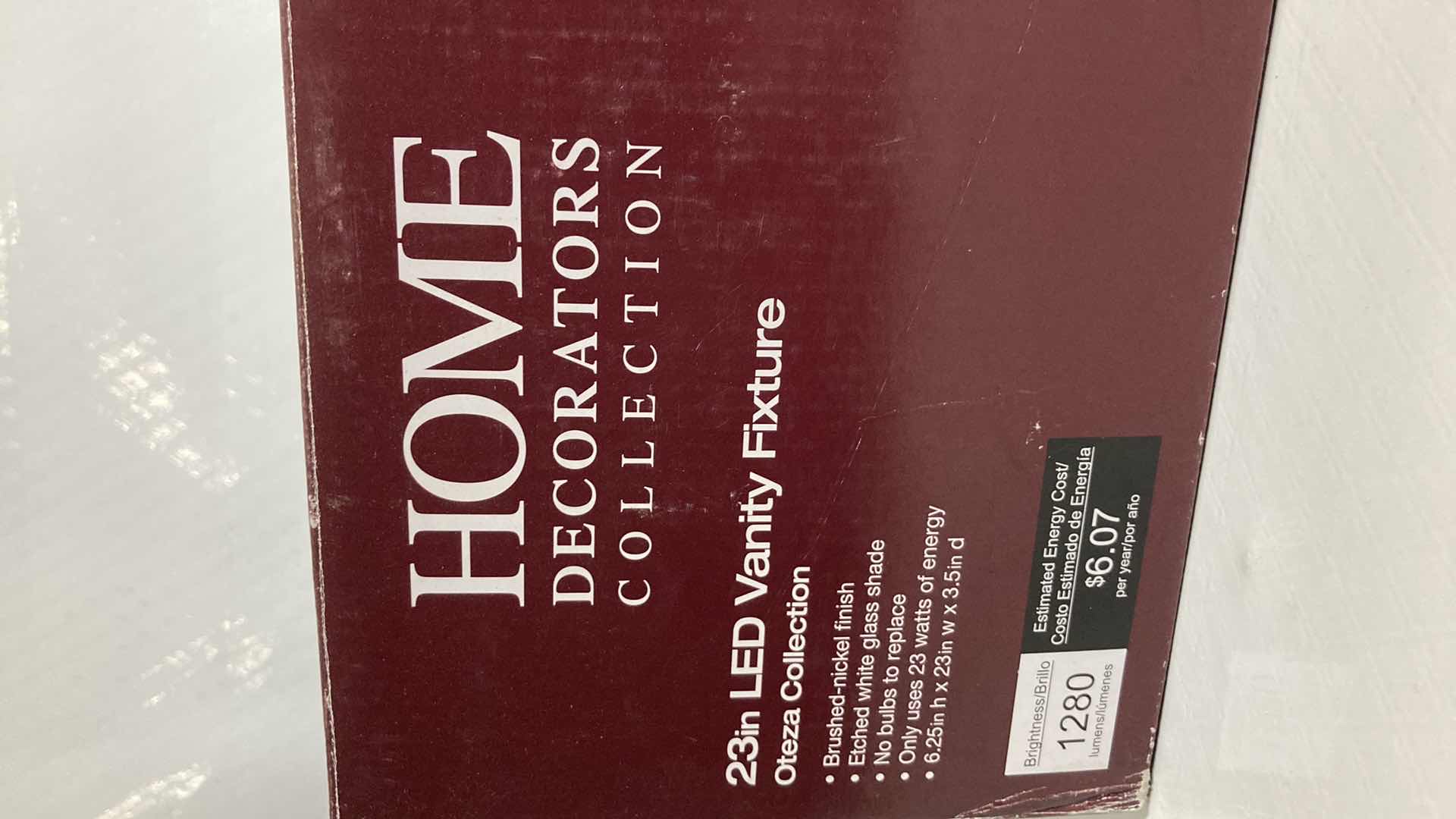 Photo 1 of NEW HOME DECORATORS OTEZA BRUSHED NICKEL FINISH ETCHED WHITE GLASS LED LIGHT VANITY FIXTURE MODEL 1001844671