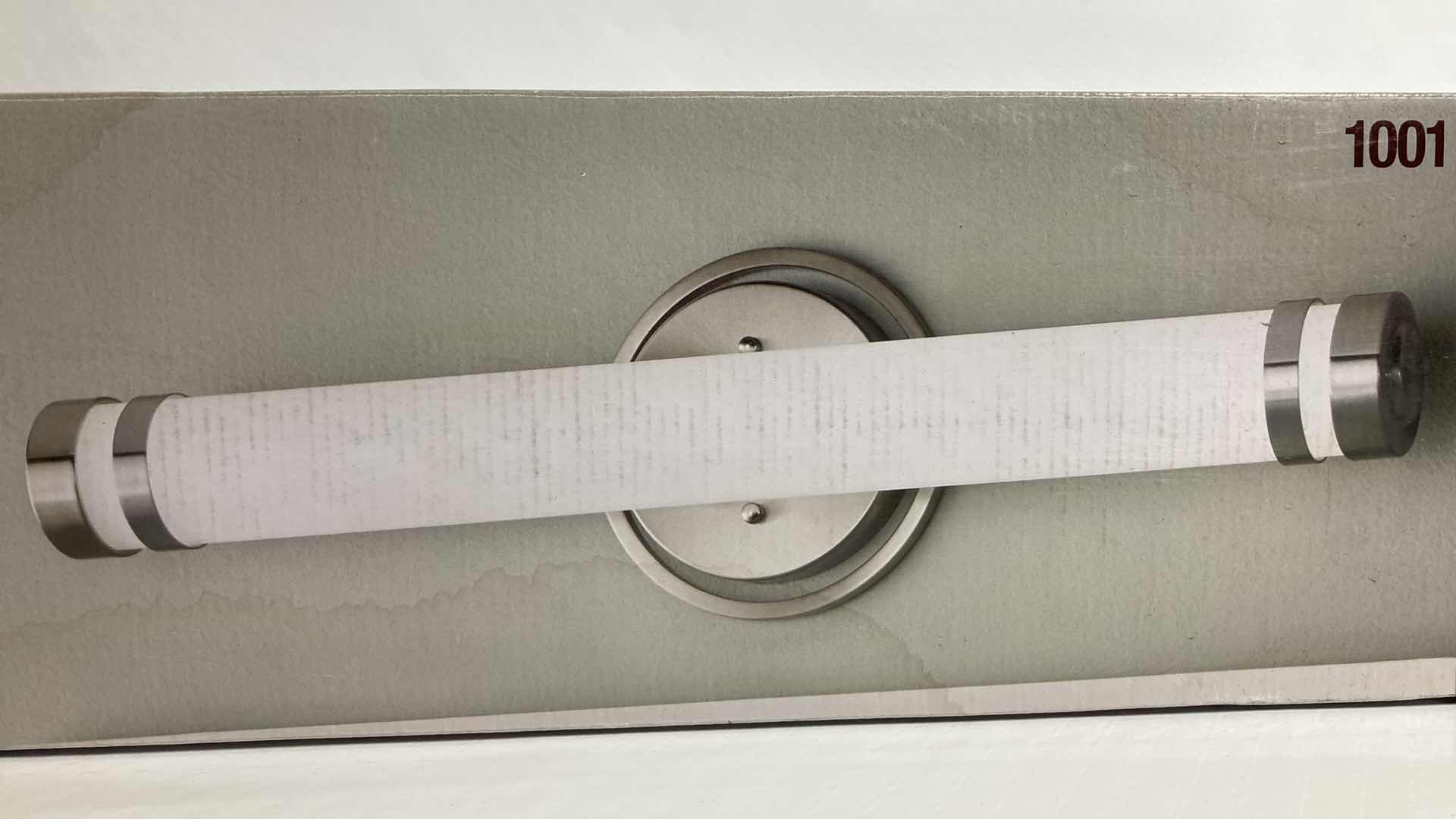 Photo 1 of NEW HOME DECORATORS OTEZA BRUSHED NICKEL FINISH ETCHED WHITE GLASS LED LIGHT VANITY FIXTURE MODEL 1001844671