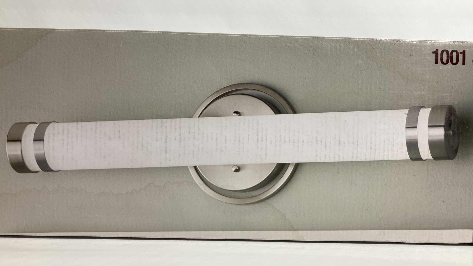 Photo 1 of NEW HOME DECORATORS OTEZA BRUSHED NICKEL FINISH ETCHED WHITE GLASS LED LIGHT VANITY FIXTURE MODEL 1001844671