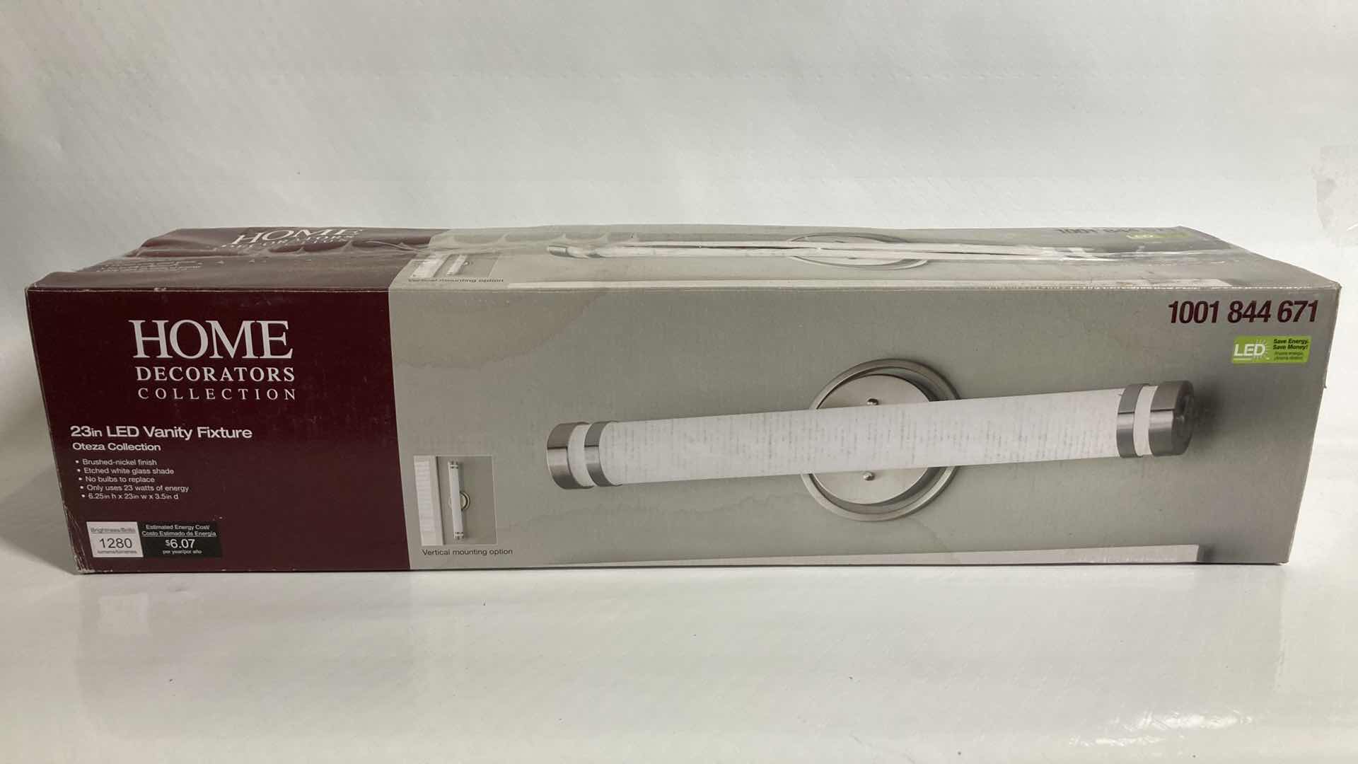 Photo 1 of NEW HOME DECORATORS OTEZA BRUSHED NICKEL FINISH ETCHED WHITE GLASS LED LIGHT VANITY FIXTURE MODEL 1001844671