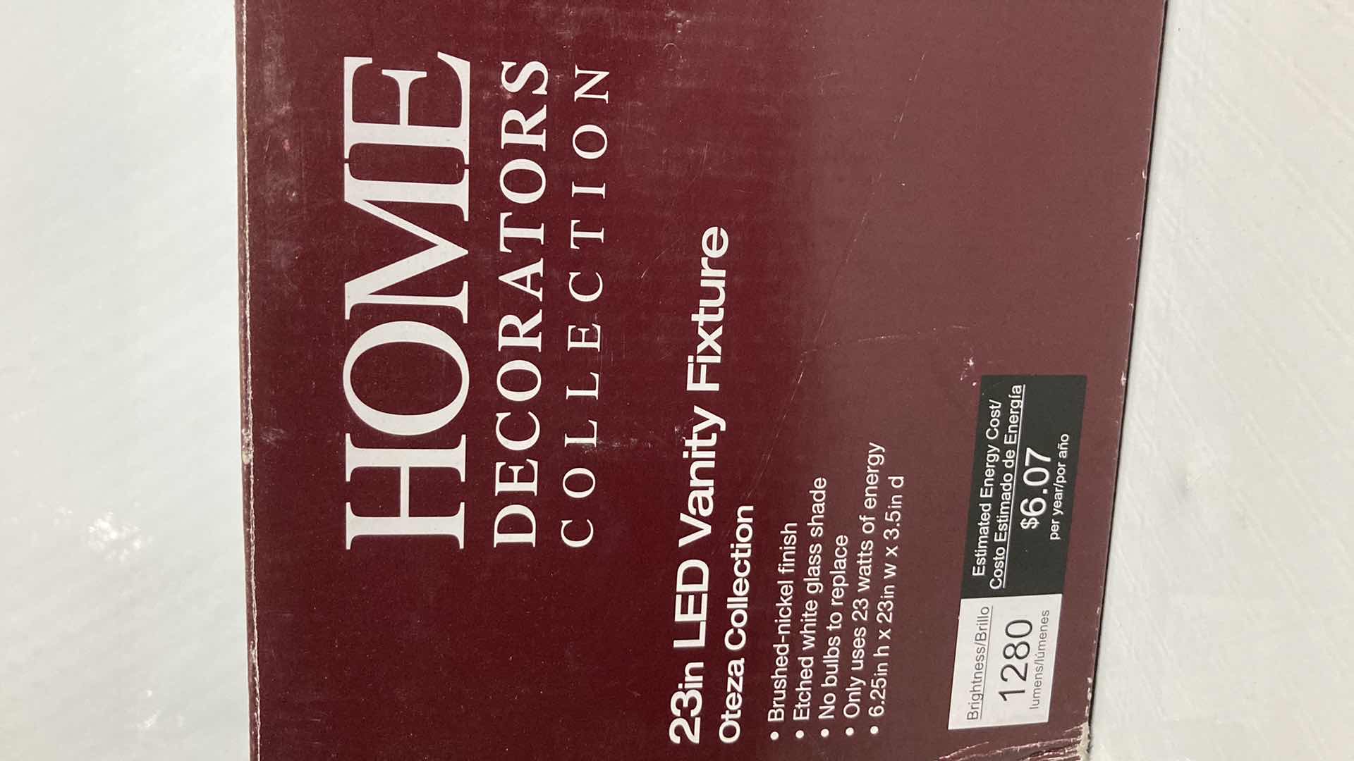 Photo 1 of NEW HOME DECORATORS OTEZA BRUSHED NICKEL FINISH ETCHED WHITE GLASS LED LIGHT VANITY FIXTURE MODEL 1001844671