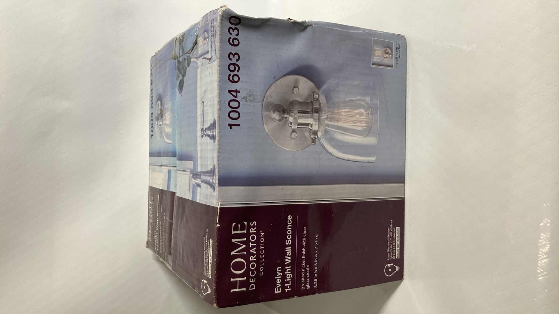 Photo 1 of NEW HOME DECORATORS EVELYN BRUSHED NICKEL FINISH CLEAR GLASS 1 LIGHT WALL SCONCE MODEL 1004693630