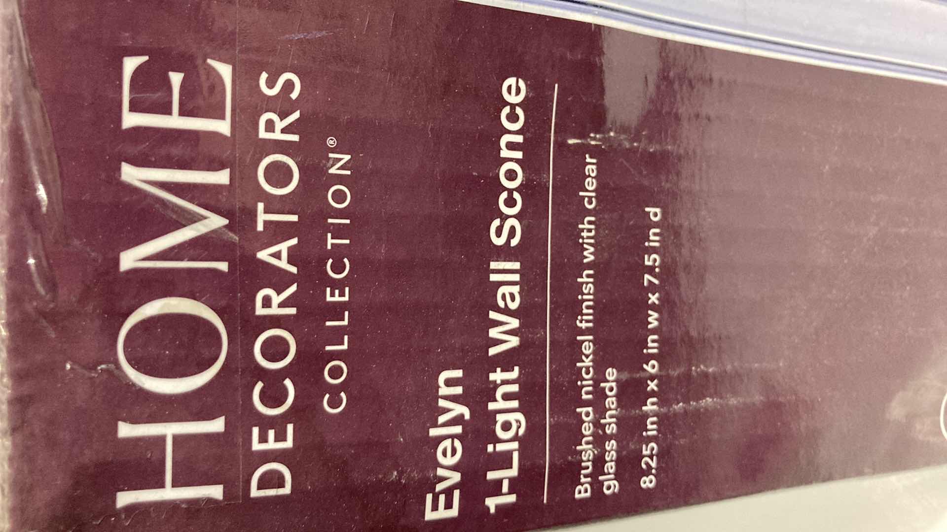 Photo 1 of NEW HOME DECORATORS EVELYN BRUSHED NICKEL FINISH CLEAR GLASS 1 LIGHT WALL SCONCE MODEL 1004693630