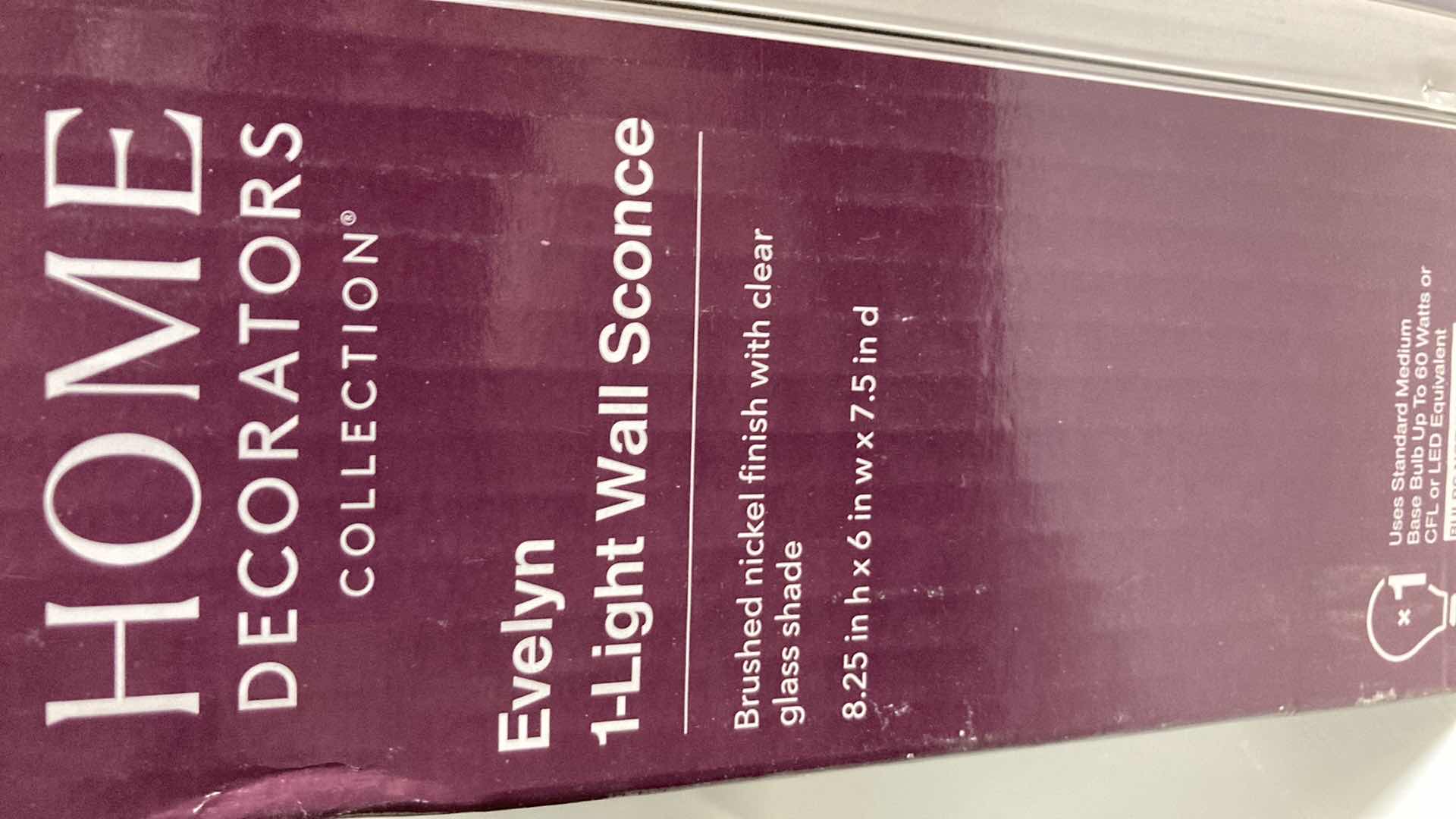 Photo 1 of NEW HOME DECORATORS EVELYN BRUSHED NICKEL FINISH CLEAR GLASS 1 LIGHT WALL SCONCE MODEL 1004693630