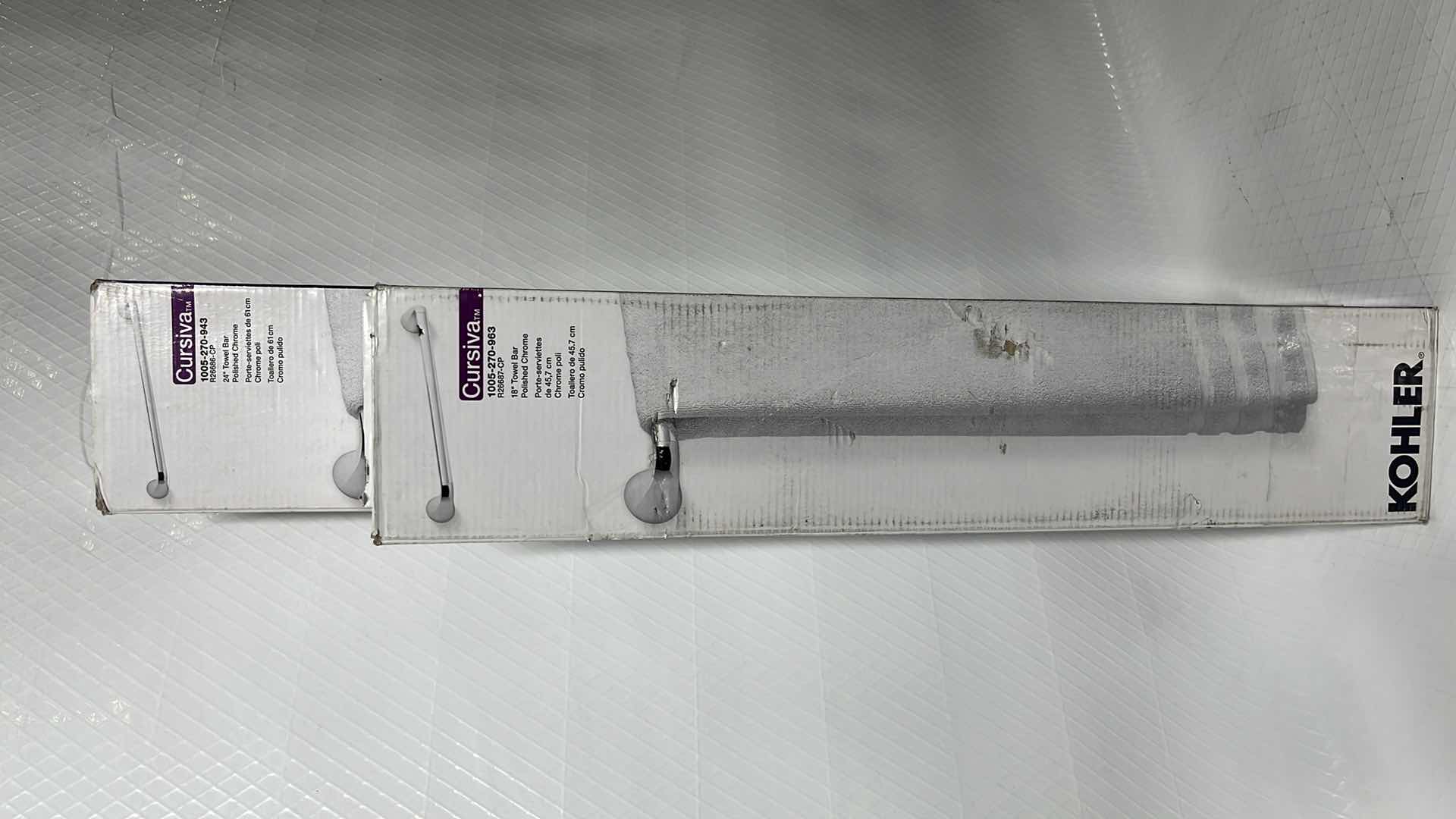 Photo 1 of NEW KOHLER CURSIVA BATH COLLECTION POLISHED CHROME 18” TOWEL BAR & 24” TOWEL BAR (1005270963 & 1005270943)