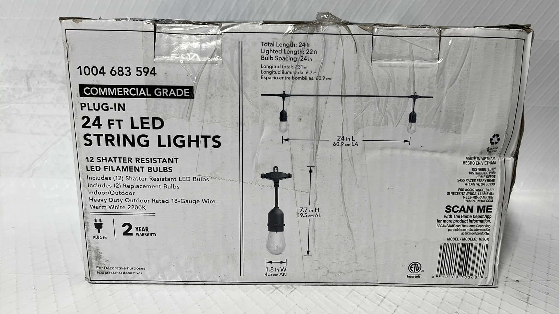 Photo 1 of 2- HAMPTON BAY 24 FT COMMERCIAL GRADE LED PLUG-IN STRING LIGHTS W 12 SHATTER RESISTANT FILAMENT BULBS (1004683594)