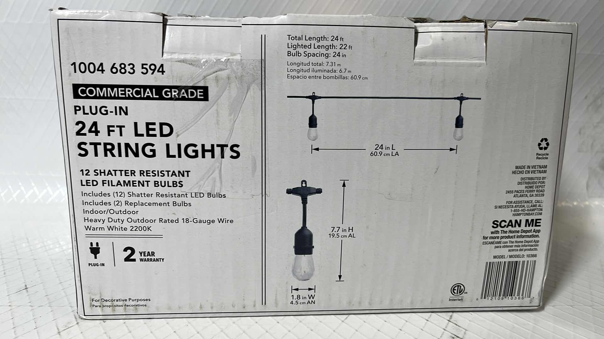 Photo 1 of 2- HAMPTON BAY 24 FT COMMERCIAL GRADE LED PLUG-IN STRING LIGHTS W 12 SHATTER RESISTANT FILAMENT BULBS (1004683594)