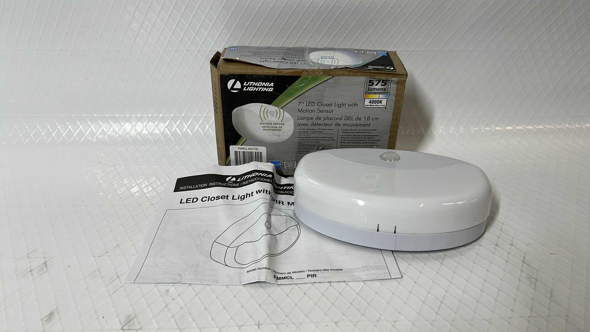 Photo 1 of LITHONIA LIGHTING 7” LED CLOSET LIGHT W MOTION SENSOR, 575 LUMENS, COOL WHITE (FMMCL 840 PIR)