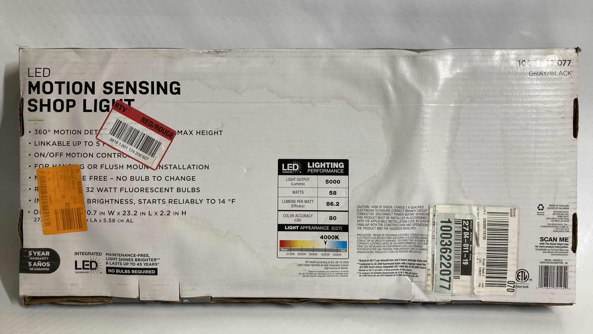 Photo 1 of NEW COMMERCIAL ELECTRIC LED MOTION SENSING BLACK/GRAY SHOP LIGHT MODEL 1003622077