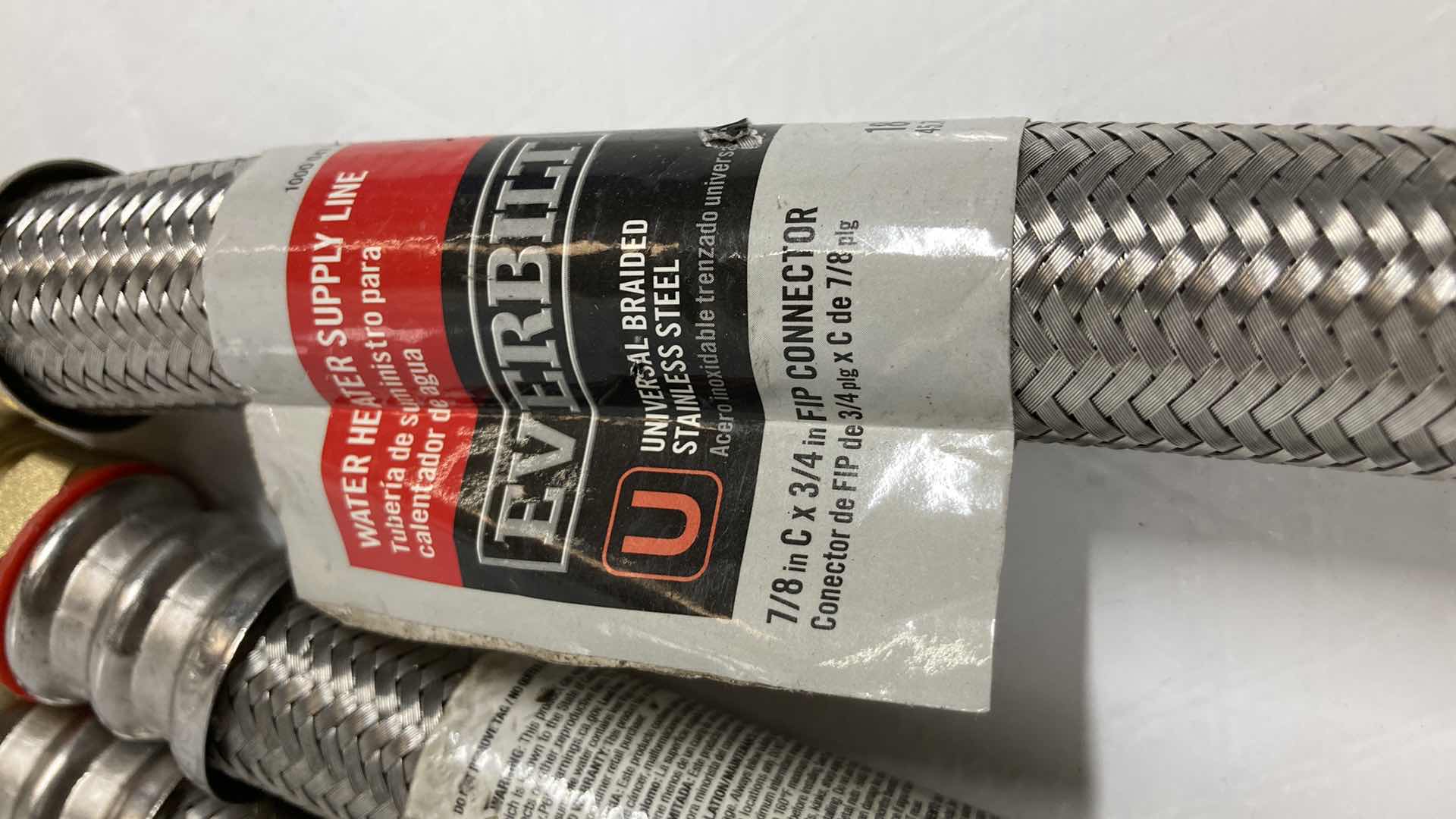 Photo 1 of NEW EVERBILT UNIVERSAL BRAIDED STAINLESS STEEL WATER HEATER SUPPLY LINE (3) 7/8” C 3/4” X 18”