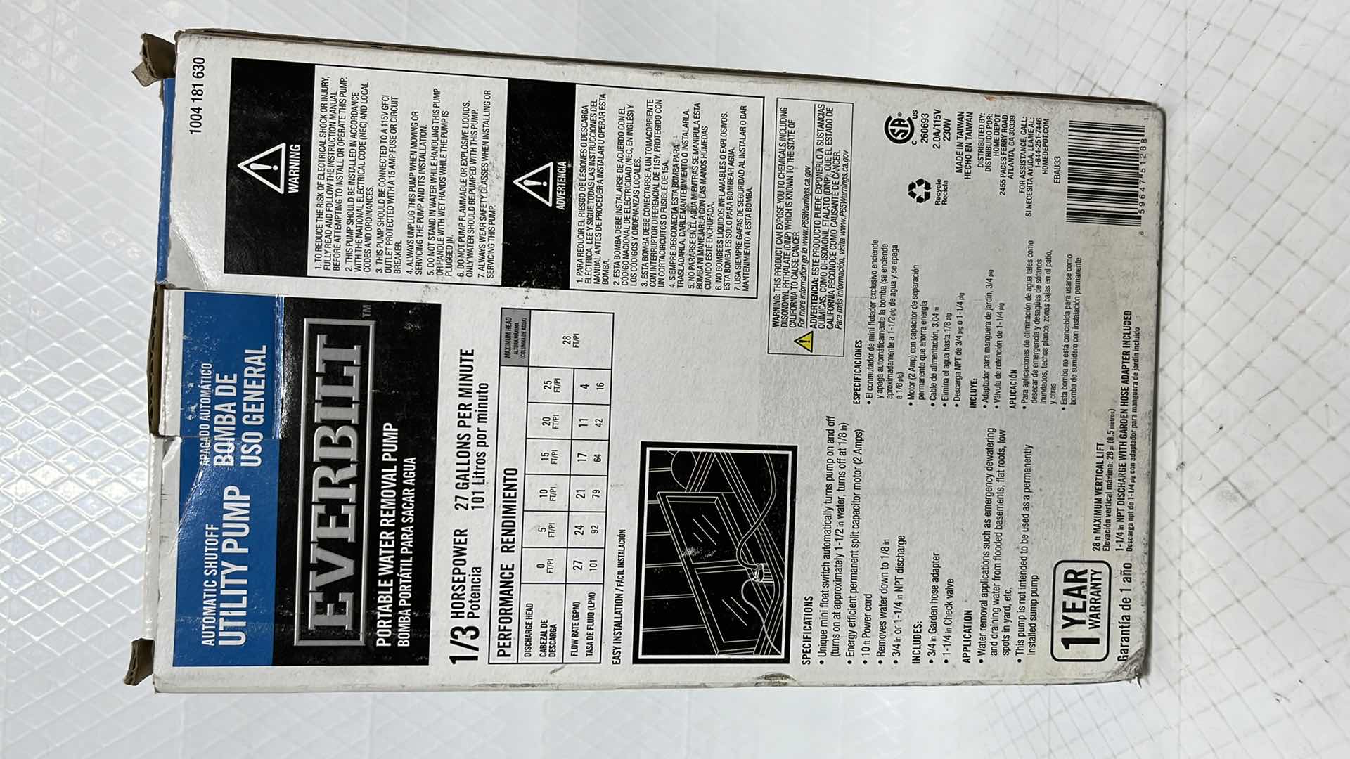 Photo 1 of EVERBILT PORTABLE WATER REMOVAL PUMP, 1/3 HORSEPOWER 27 GAL PER MINUTE, AUTO SHUT-OFF (1004 181 630)