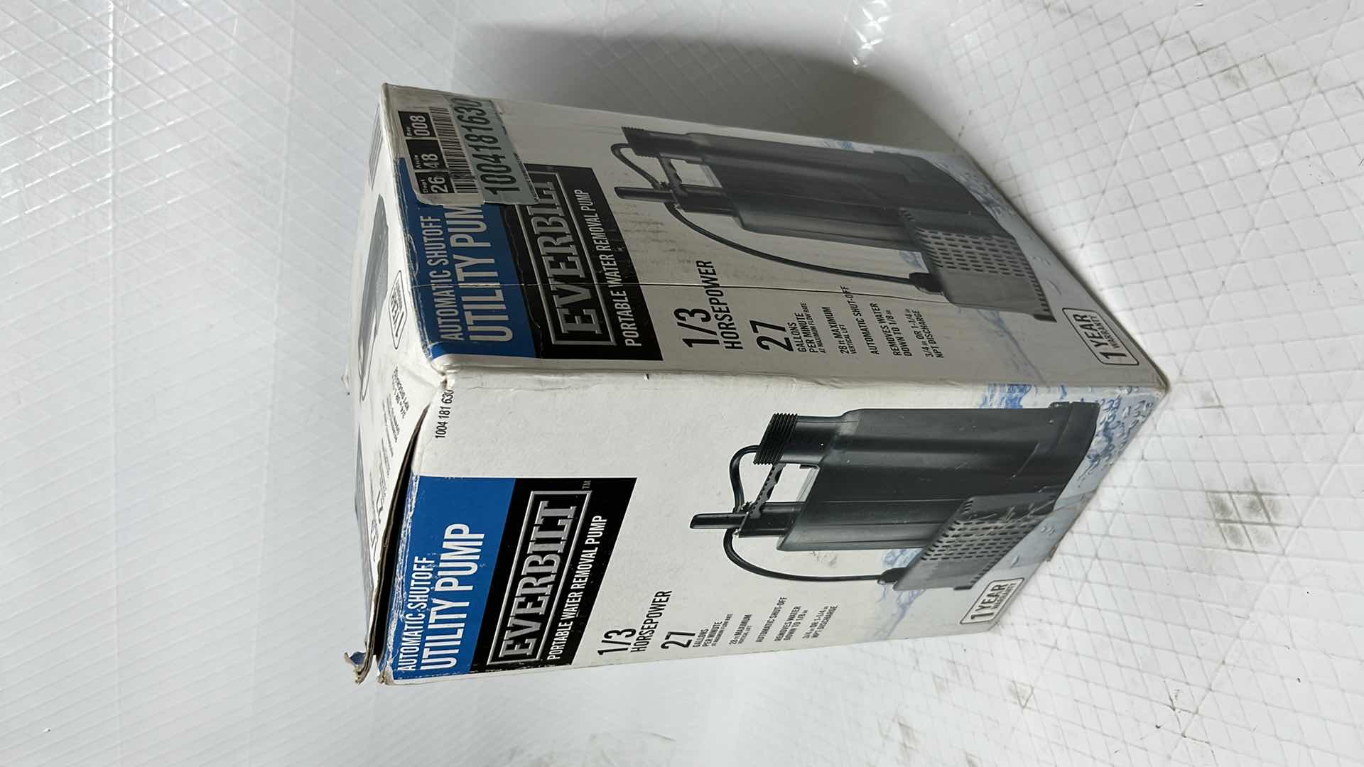 Photo 1 of EVERBILT PORTABLE WATER REMOVAL PUMP, 1/3 HORSEPOWER 27 GAL PER MINUTE, AUTO SHUT-OFF (1004 181 630)