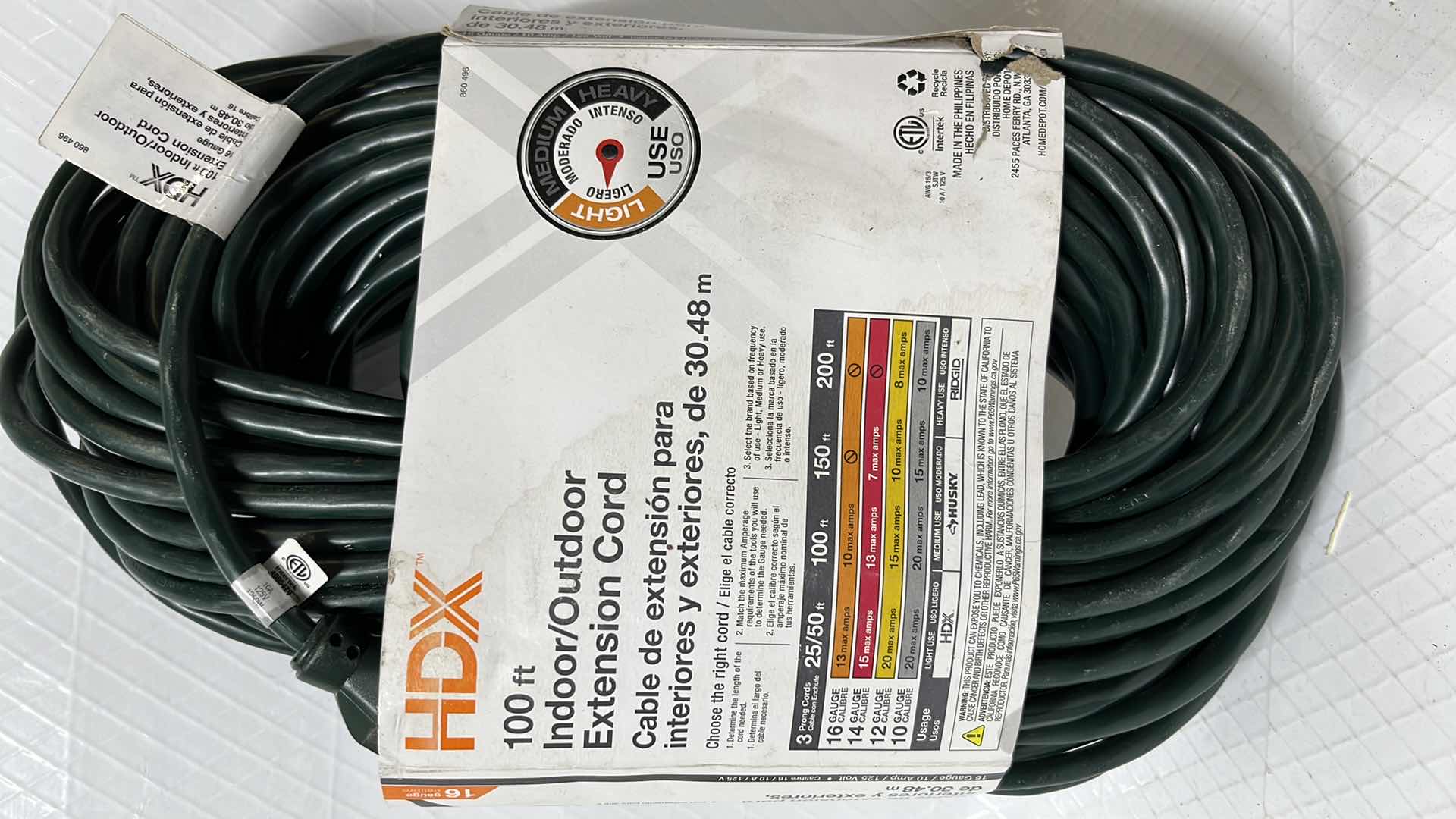 Photo 1 of HDX 100FT INDOOR/OUTDOOR EXTENSION CORD, 16 GAUGE