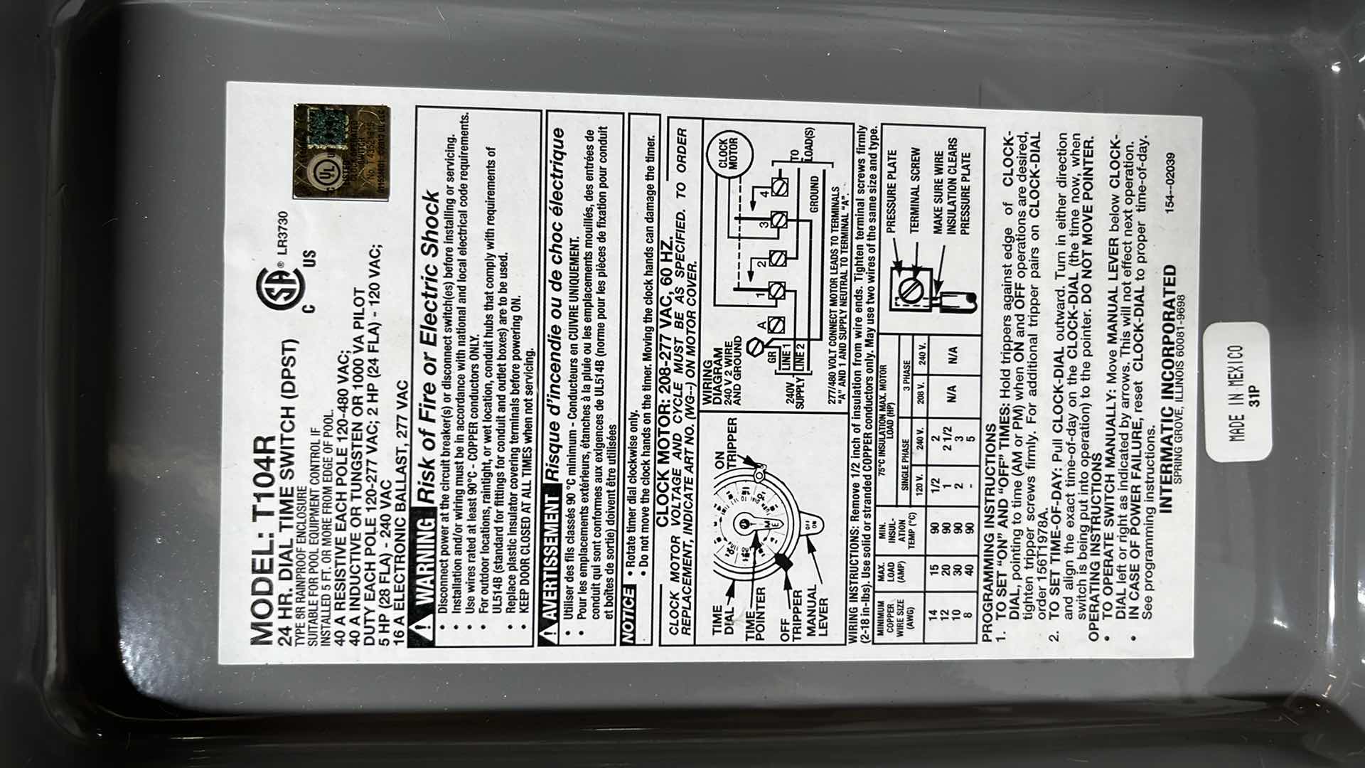 Photo 1 of INTERMATIC 24-HOUR MECHANICAL TIME SWITCH, INDOOR/OUTDOOR (MODEL T104R)