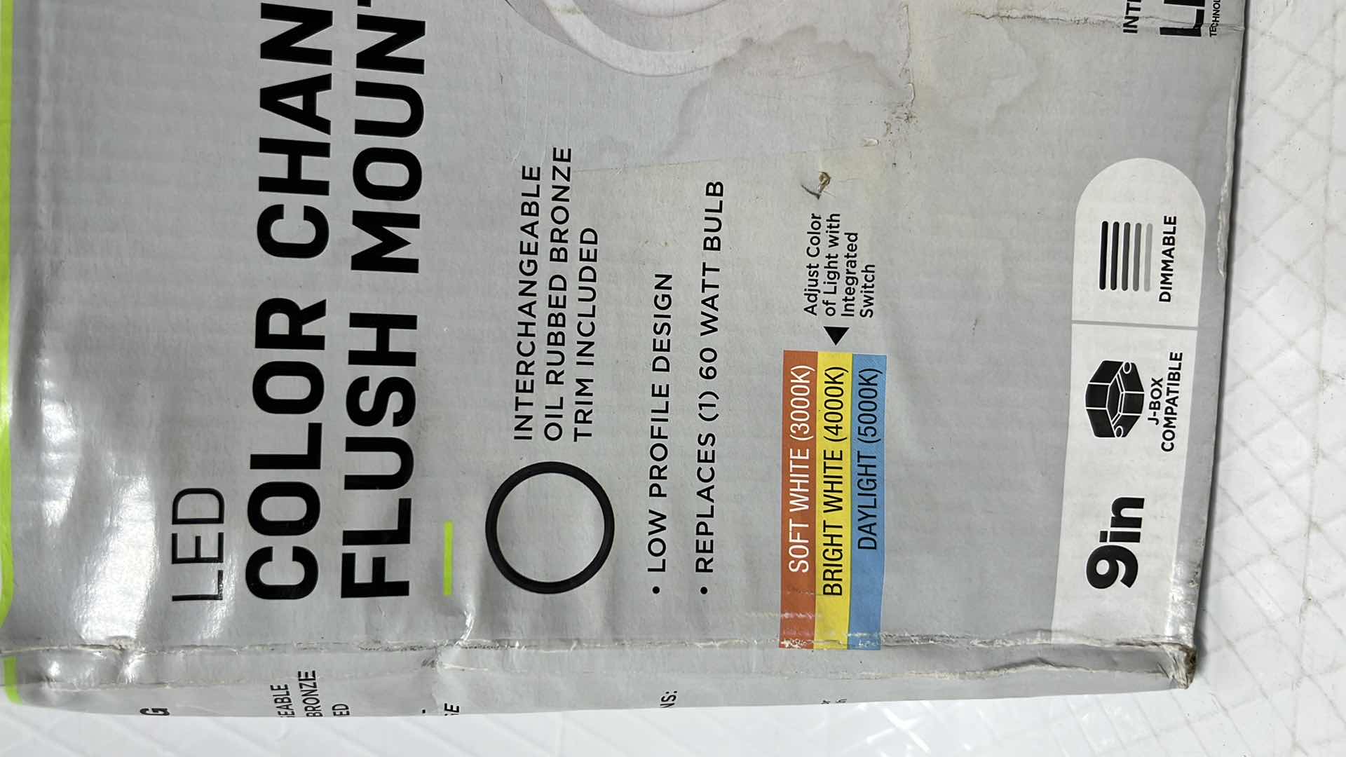 Photo 1 of COMMERCIAL ELECTRIC 9” LED COLOR CHANGING FLUSH MOUNT W INTERCHANGEABLE WHITE OR OIL RUBBED BRONZE TRIM (1005 682 971)