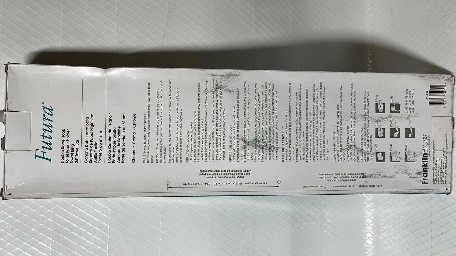 Photo 1 of FRANKLIN BRASS FUTURA 4 PC CHROME BATHWARE SET, DOUBLE ROBE HOOK, TOILET PAPER HOLDER, TOWEL RING & 24” TOWEL BAR (DS2400PC)