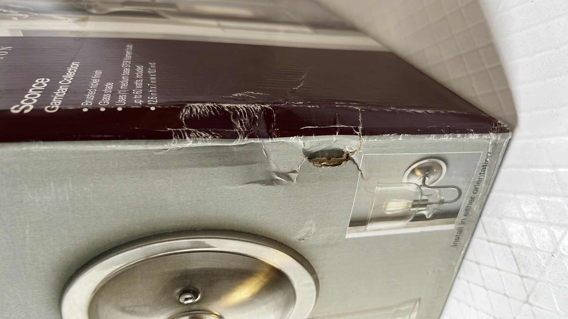 Photo 1 of HOME DECORATORS COLLECTION GARRIDAN COLLECTION SCONCE, BRUSHED NICKEL FINISH W CLEAR GLASS SHADE (1002 427 039)