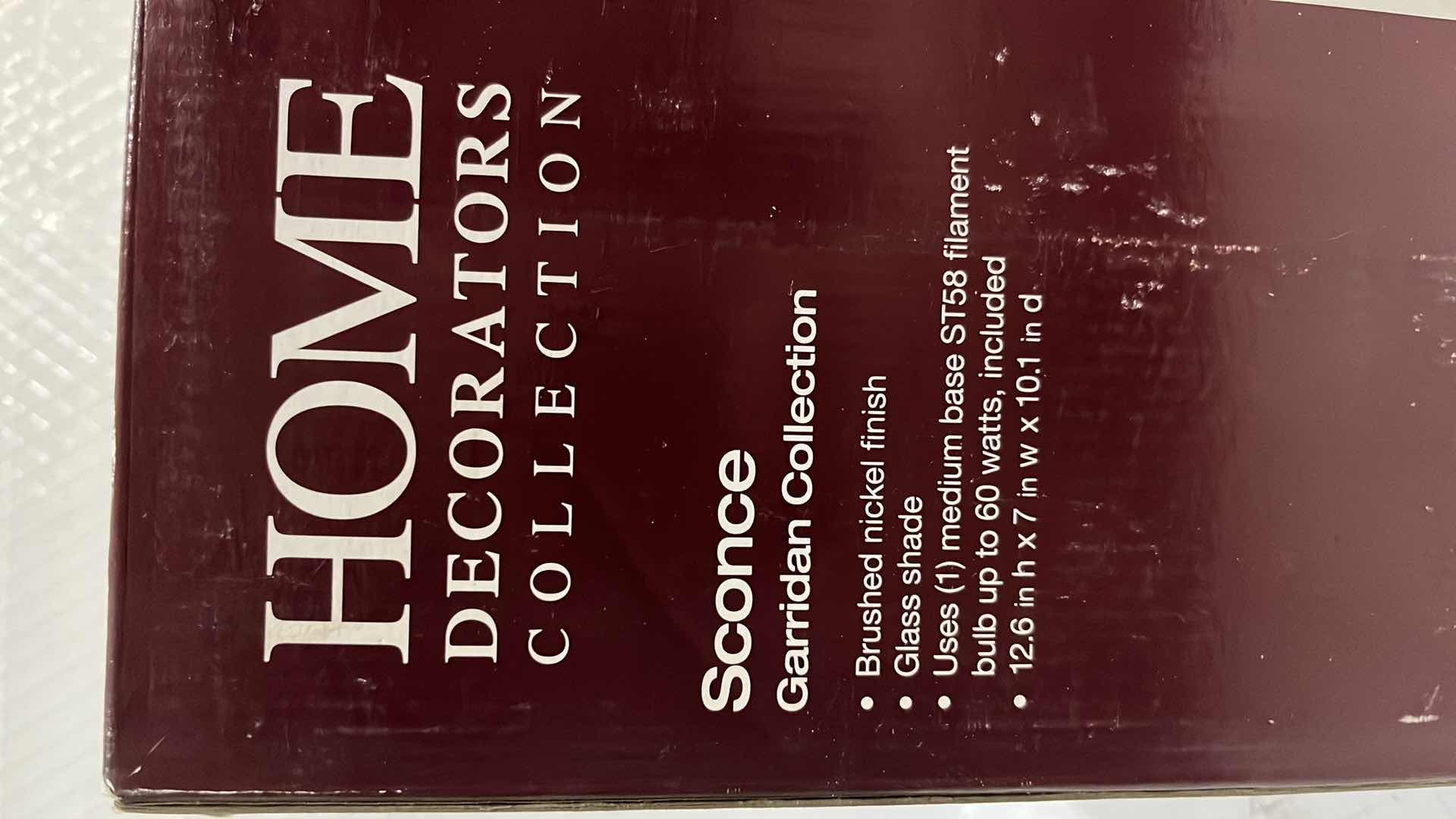 Photo 1 of NEW HOME DECORATORS COLLECTION GARRIDAN SCONCE, BRUSHED NICKEL FINISH W GLASS SHADE, 7” X 12.6”H (1002 427 039)