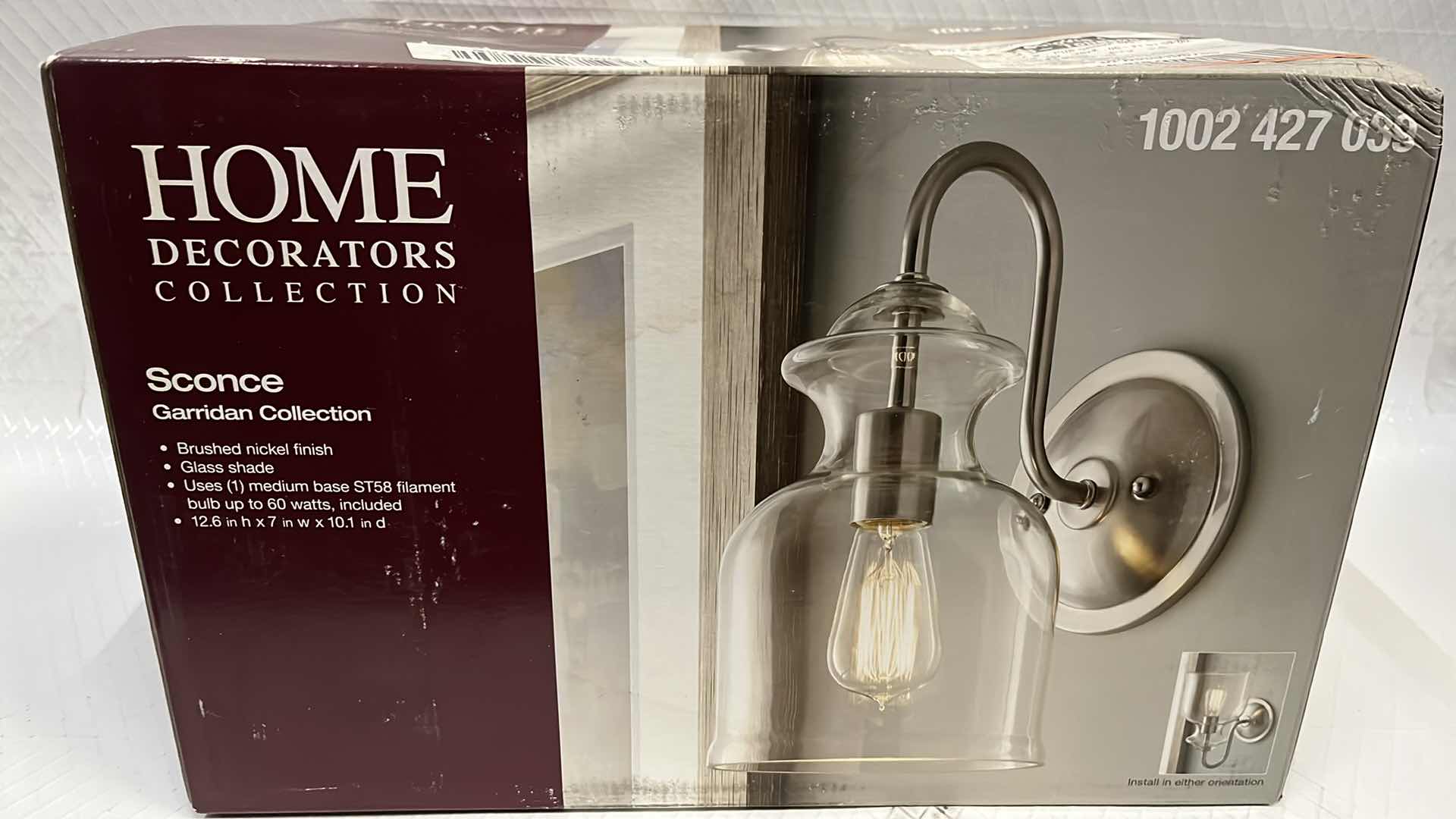 Photo 1 of NEW HOME DECORATORS COLLECTION GARRIDAN SCONCE, BRUSHED NICKEL FINISH W GLASS SHADE, 7” X 12.6”H (1002 427 039)