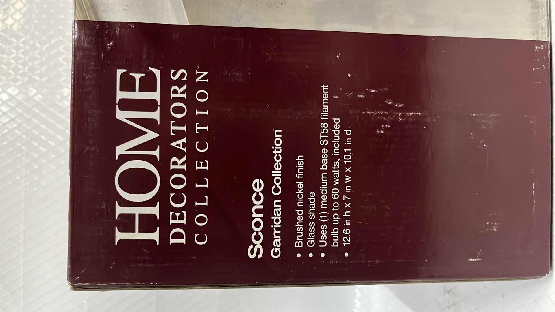 Photo 1 of NEW HOME DECORATORS COLLECTION GARRIDAN SCONCE, BRUSHED NICKEL FINISH W GLASS SHADE, 7” X 12.6”H (1002 427 039)