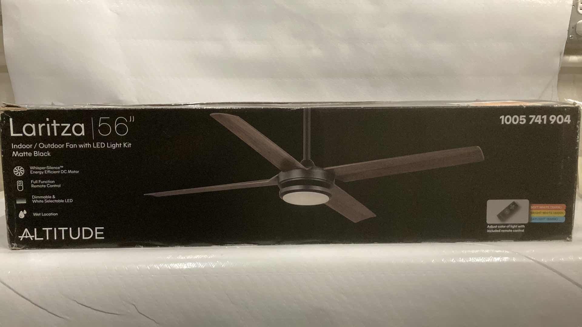 Photo 1 of NEW LARITZA ALTITUDE INDOOR OUTDOOR 56” MATTE BLACK FAN W LED LIGHT KIT & REMOTE MODEL 1005741904