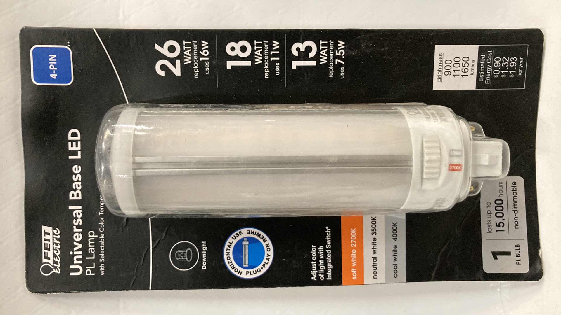Photo 1 of NEW FIET ELECTRIC UNIVERSAL BASE LED PL MULTI WHITE LAMP BULBS 26W, 18W, 13W COMPATIBLE 4 PIN (7)