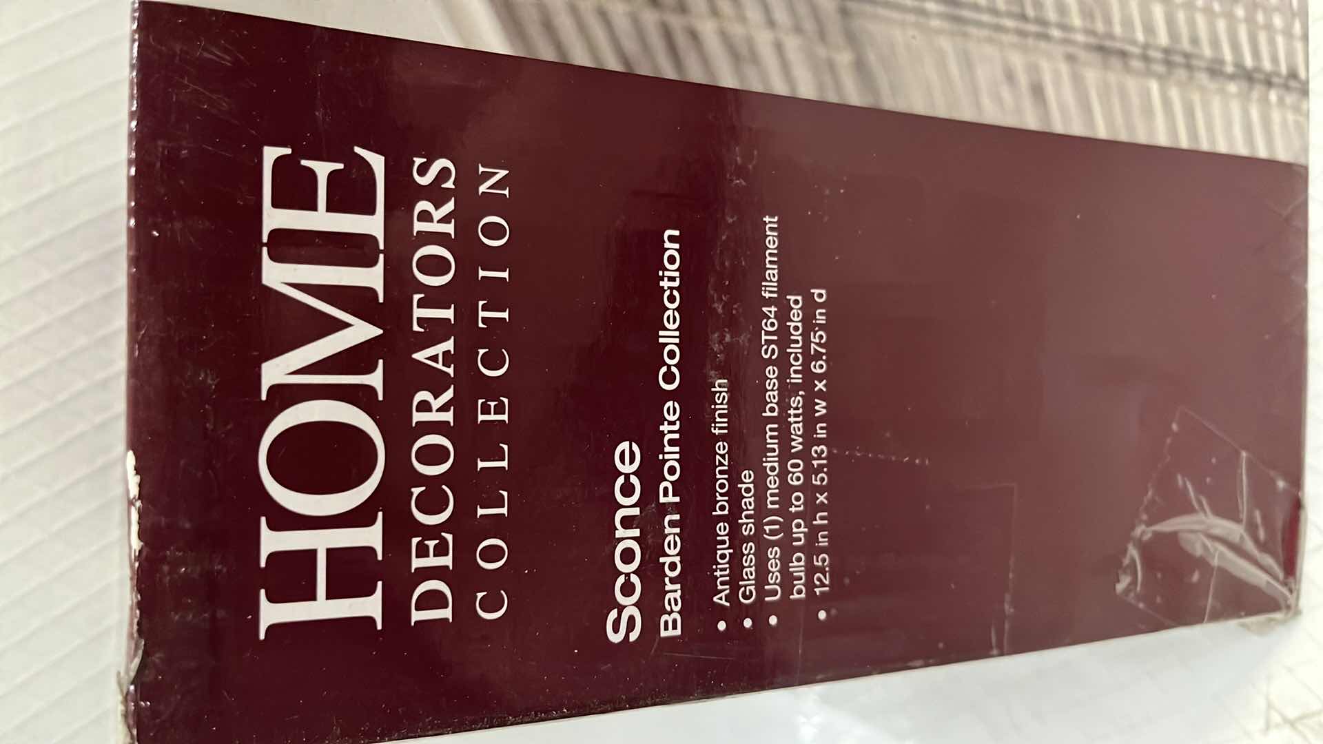 Photo 1 of NEW HOME DECORATORS COLLECTION BARDEN POINTE SCONCE LIGHT FIXTURE, ANTIQUE BRONZE FINISH W GLASS SHADE, 5.13” X 12.5”H (1002 427 123)