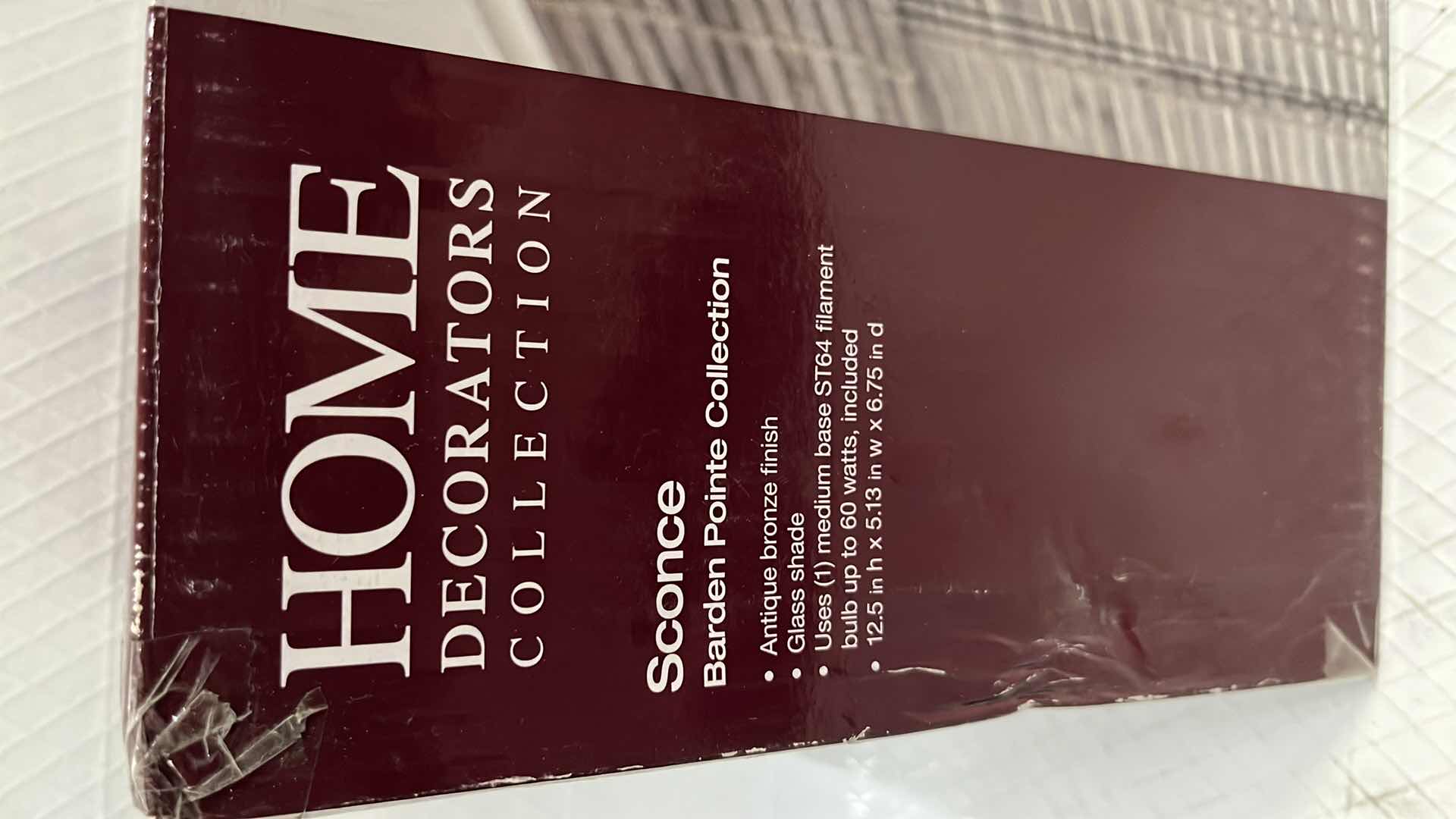 Photo 1 of NEW HOME DECORATORS COLLECTION BARDEN POINTE SCONCE LIGHT FIXTURE, ANTIQUE BRONZE FINISH W GLASS SHADE, 5.13” X 12.5”H (1002 427 123)