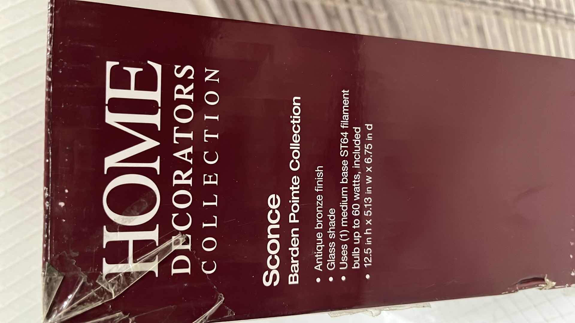 Photo 1 of NEW HOME DECORATORS COLLECTION BARDEN POINTE SCONCE LIGHT FIXTURE, ANTIQUE BRONZE FINISH W GLASS SHADE, 5.13” X 12.5”H (1002 427 123)