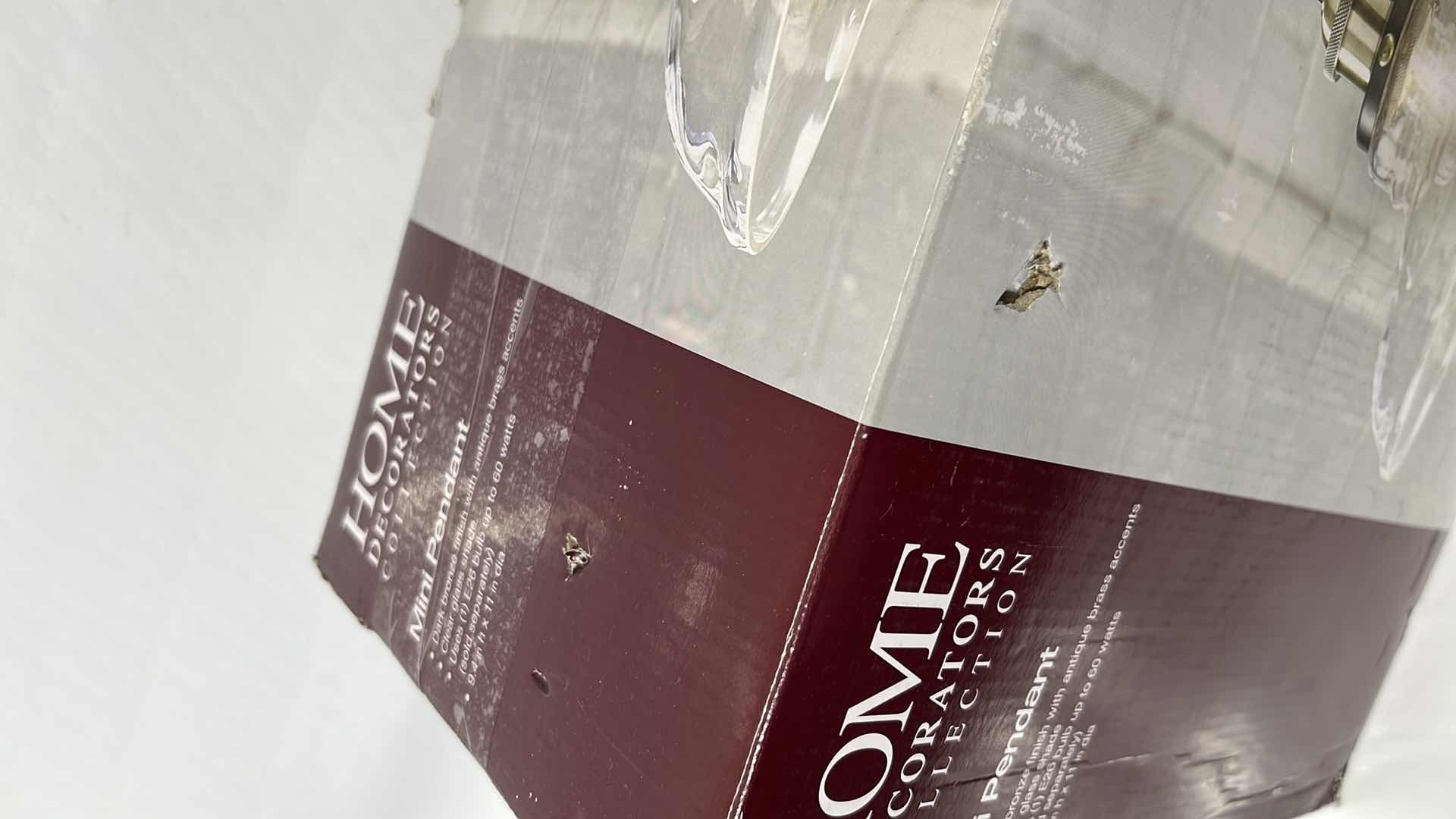 Photo 1 of NEW HOME DECORATORS COLLECTION MINI PENDANT LIGHT FIXTURE, DARK BRONZE FINISH W ANTIQUE BRASS ACCENTS W CLEAR GLASS SHADE (1003 569 397)