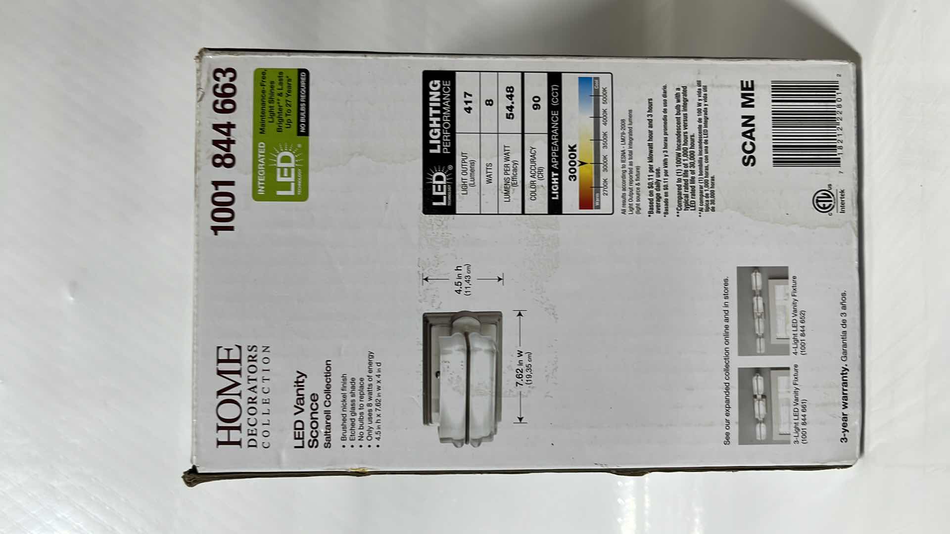 Photo 1 of NEW HOME DECORATORS COLLECTION LED VANITY SCONCE, SALTARELL COLLECTION, BRUSHED NICKEL FINISH W ETCHED GLASS SHADE (1001 844 663)