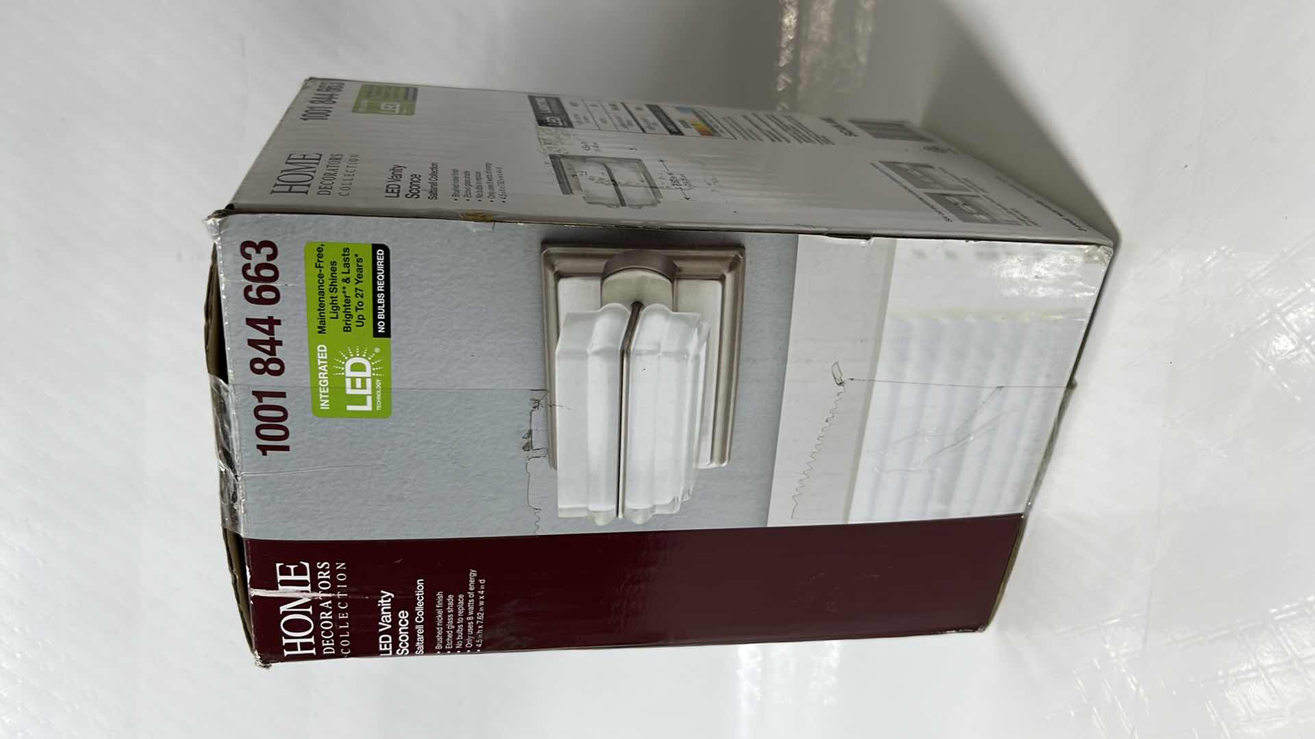 Photo 1 of NEW HOME DECORATORS COLLECTION LED VANITY SCONCE, SALTARELL COLLECTION, BRUSHED NICKEL FINISH W ETCHED GLASS SHADE (1001 844 663)