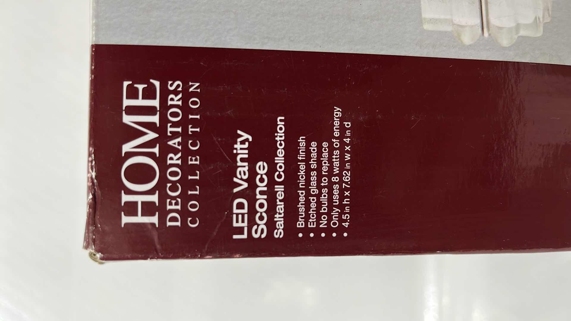 Photo 1 of NEW HOME DECORATORS COLLECTION LED VANITY SCONCE, SALTARELL COLLECTION, BRUSHED NICKEL FINISH W ETCHED GLASS SHADE (1001 844 663)