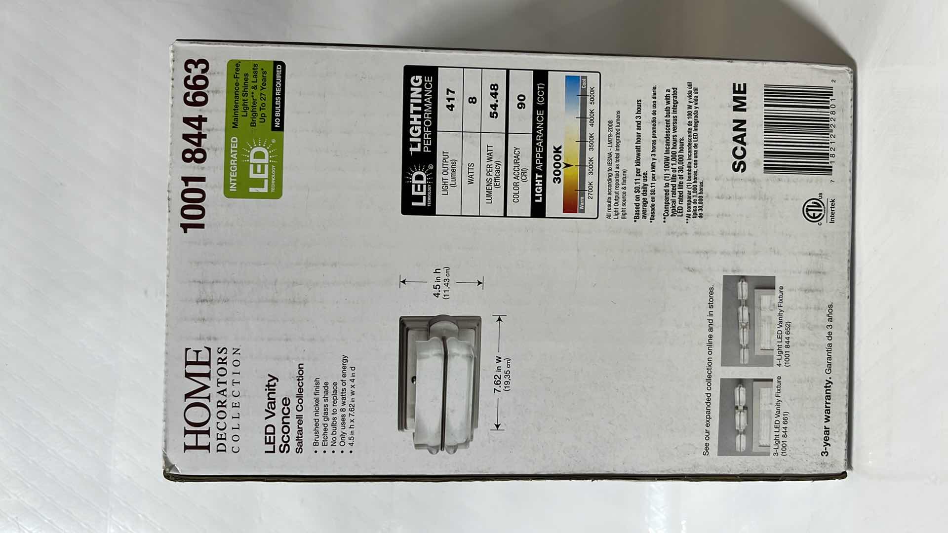 Photo 1 of NEW HOME DECORATORS COLLECTION LED VANITY SCONCE, SALTARELL COLLECTION, BRUSHED NICKEL FINISH W ETCHED GLASS SHADE (1001 844 663)