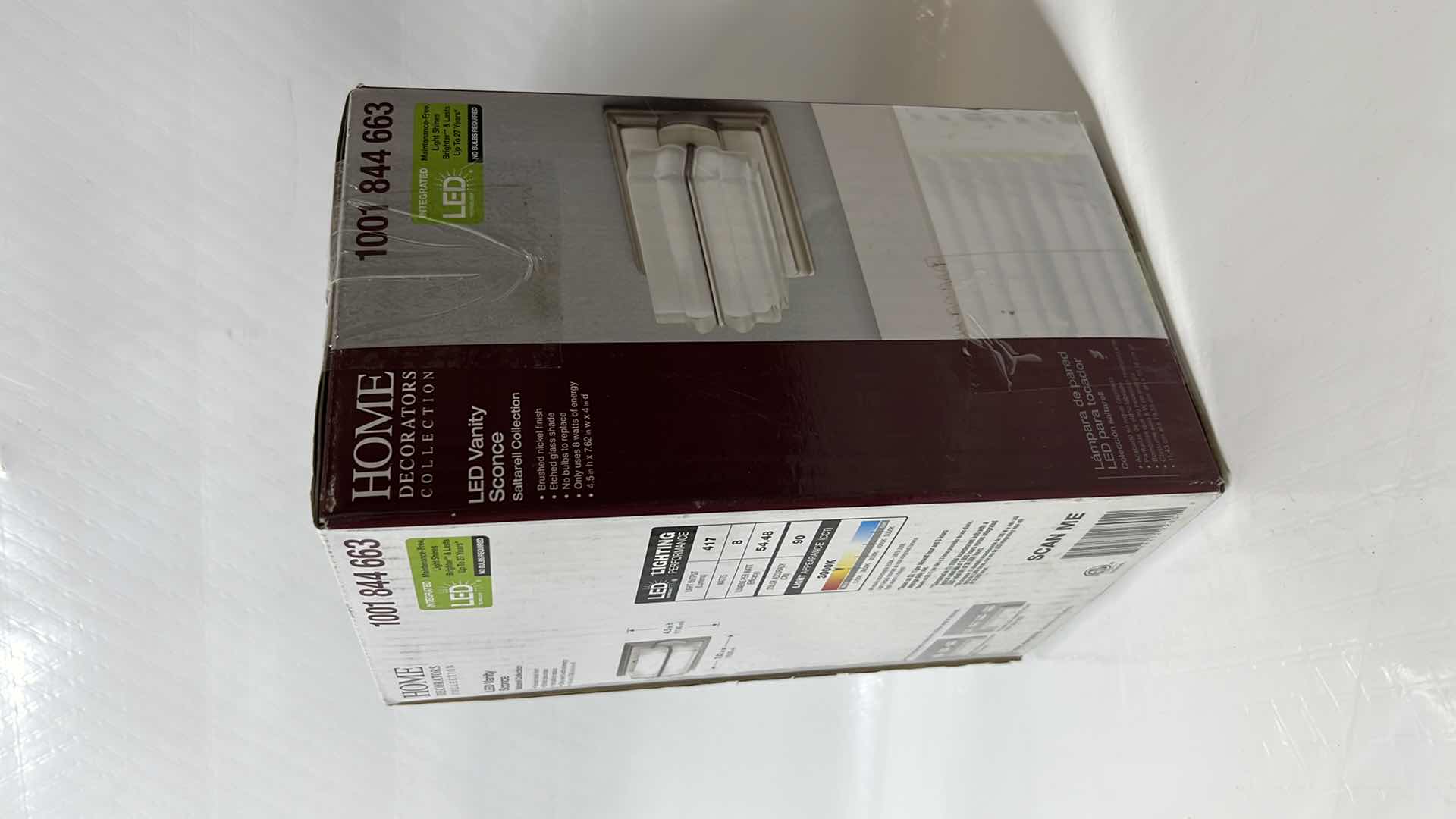 Photo 1 of NEW HOME DECORATORS COLLECTION LED VANITY SCONCE, SALTARELL COLLECTION, BRUSHED NICKEL FINISH W ETCHED GLASS SHADE (1001 844 663)