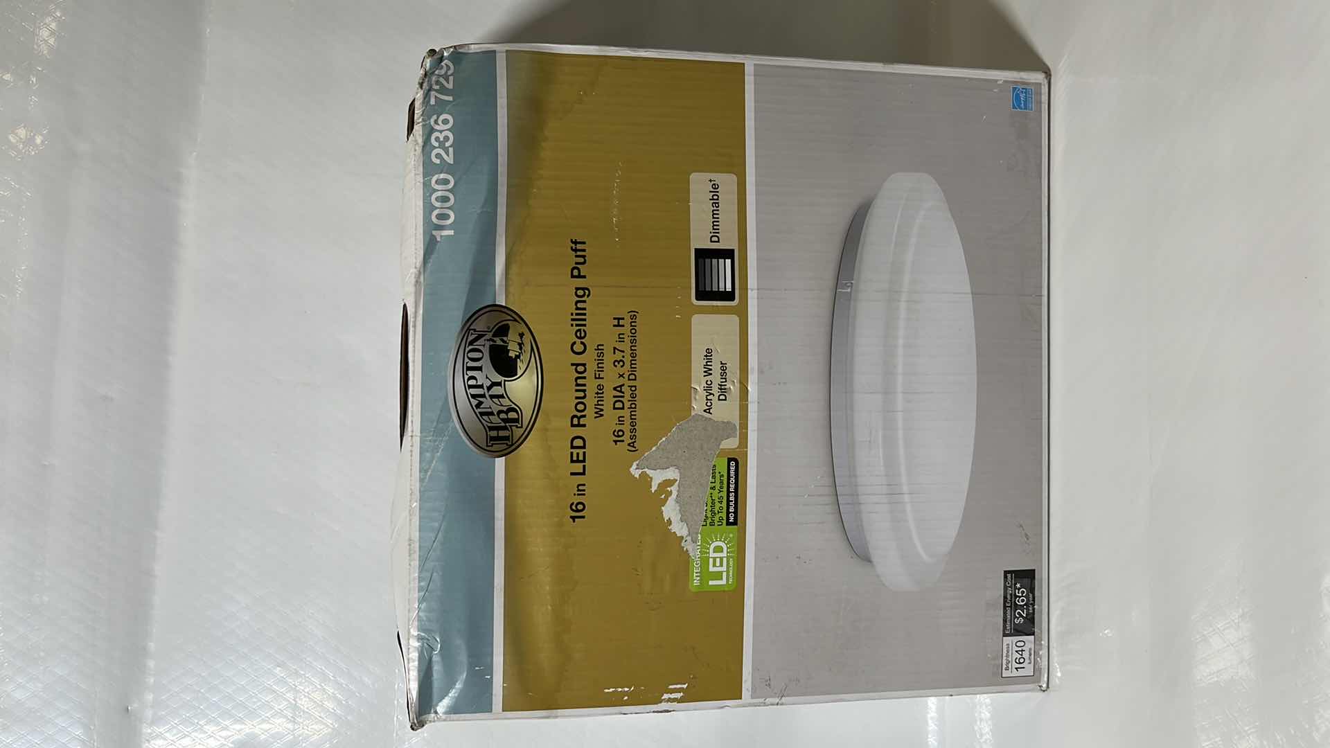 Photo 1 of HAMPTON BAY 16” LED ROUND CEILING PUFF LIGHT FIXTURE, WHITE FINISH (1000 236 729)