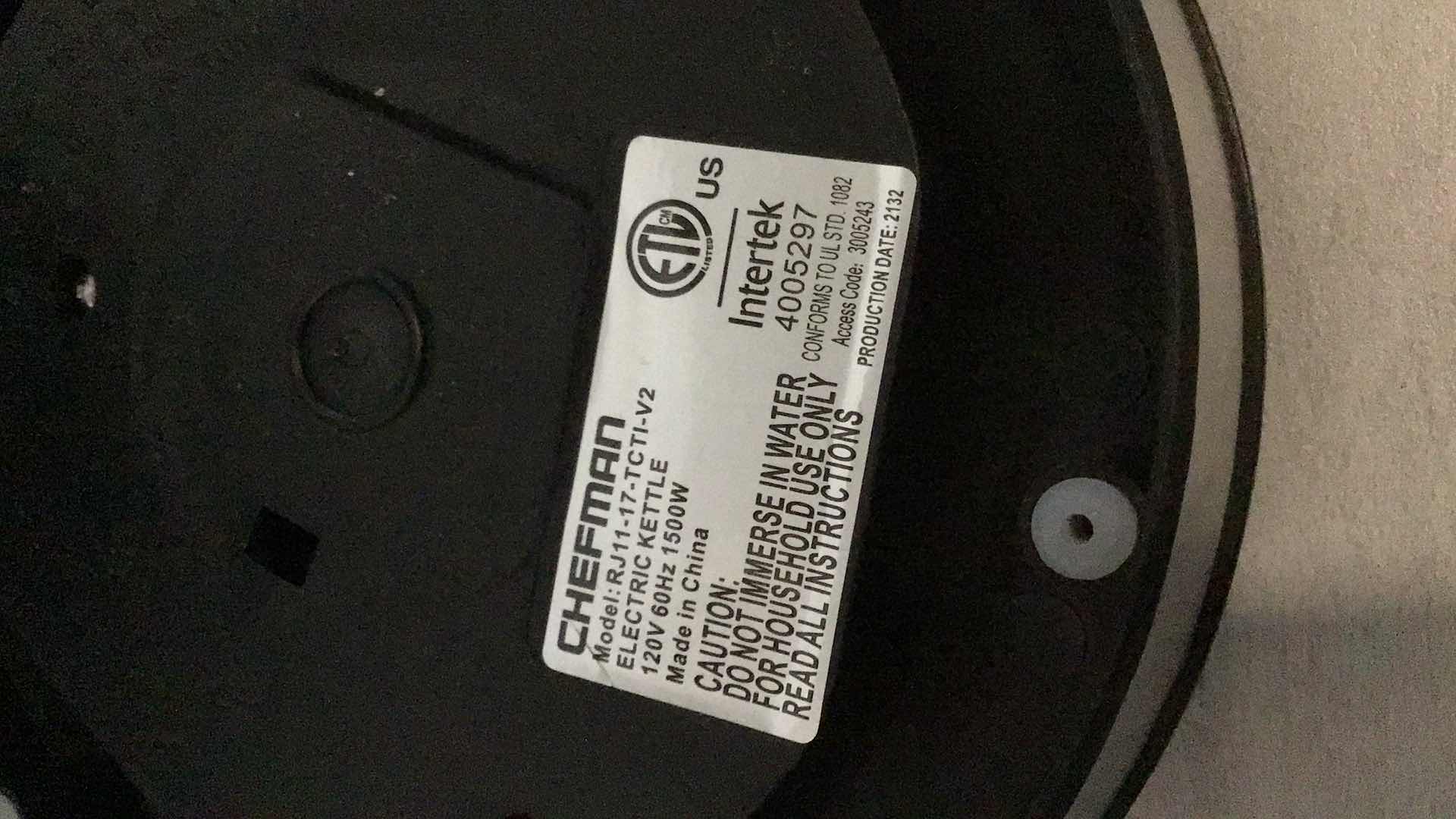 Photo 1 of INTERTEK CHEFMAN ELECTRIC KETTLE 1.7 LITER STAINLESS STEEL