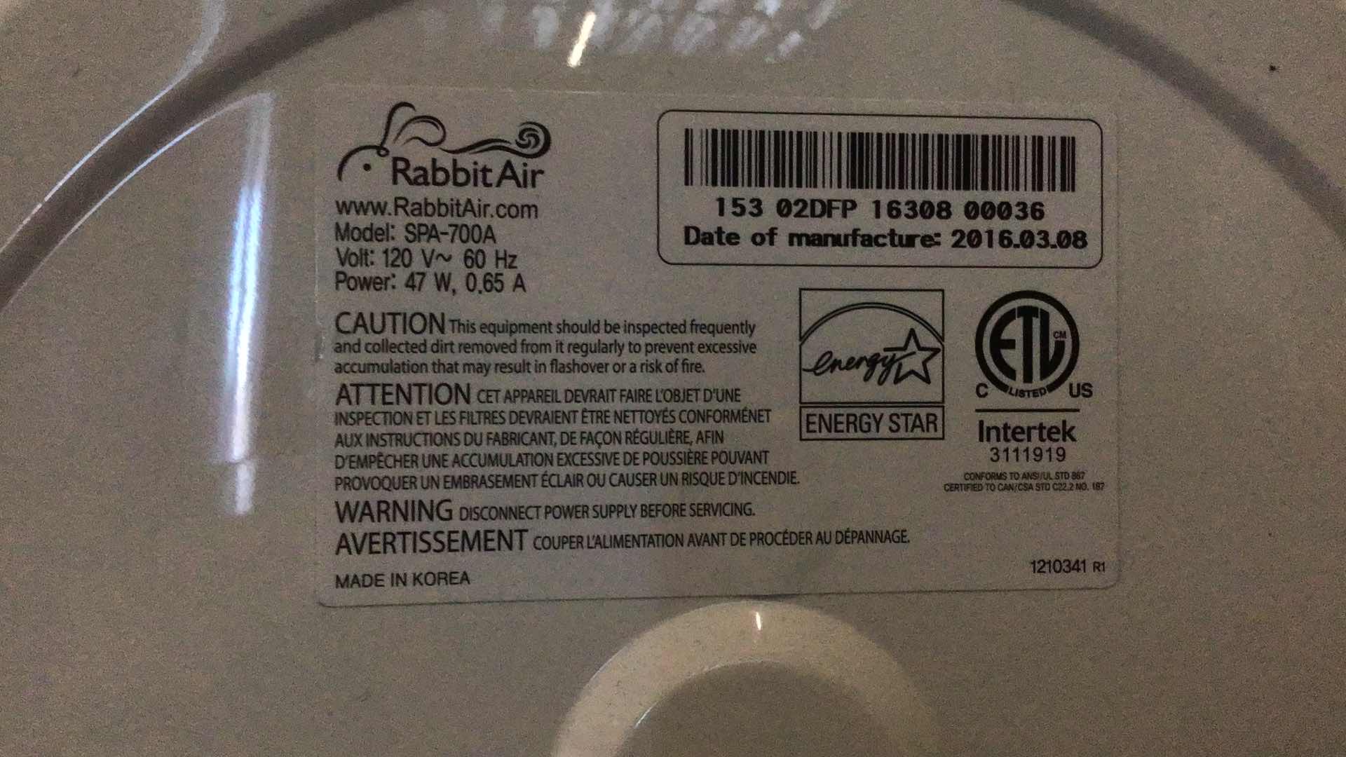 Photo 1 of RABBIT AIR MINUSA2 ULTRA QUIET HEPA AIR PURIFIER SPA-780A