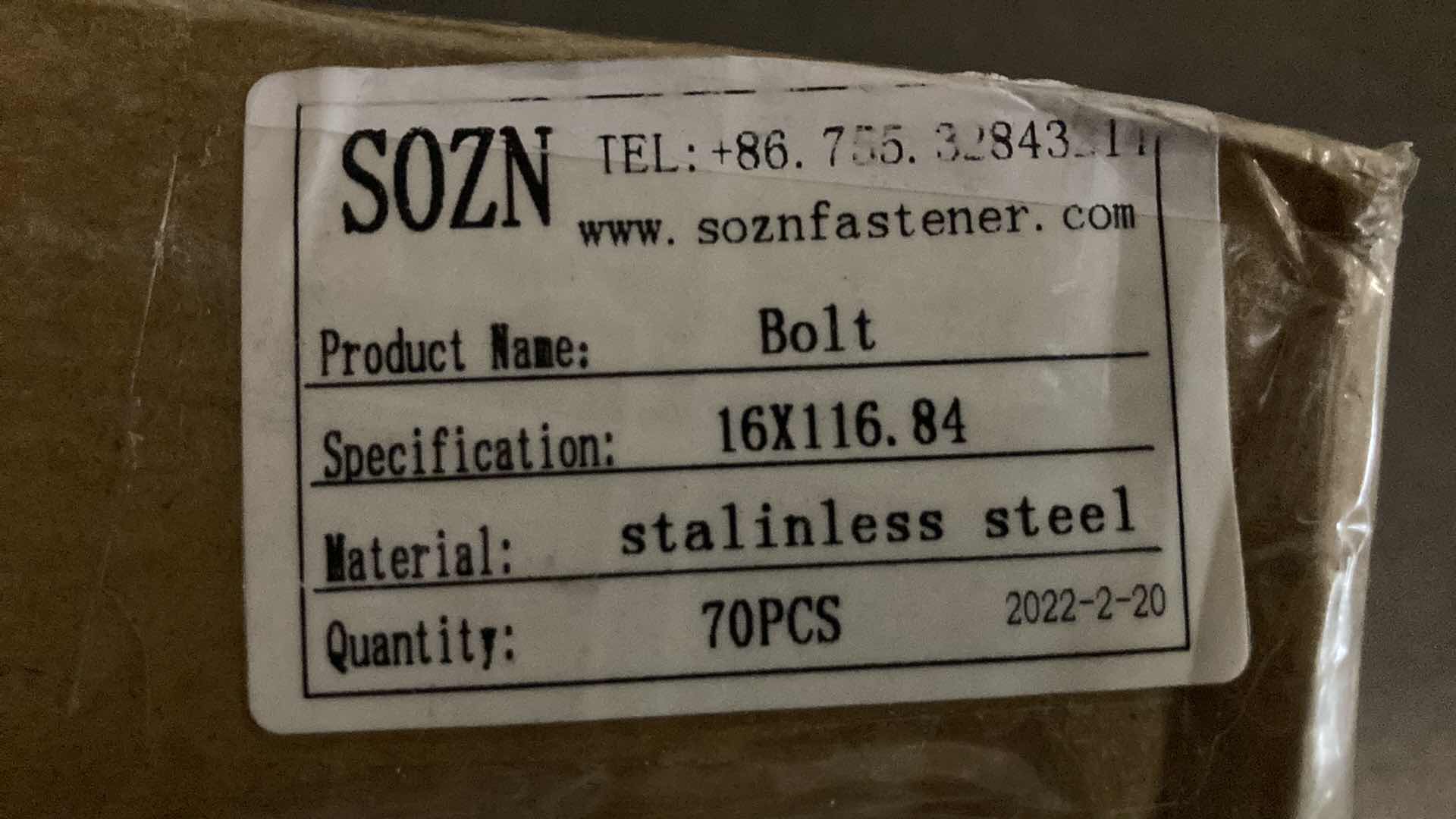 Photo 1 of NEW SOZN FASTENER STAINLESS STEEL BOLT (70PCS) 16mm X 116.84mm