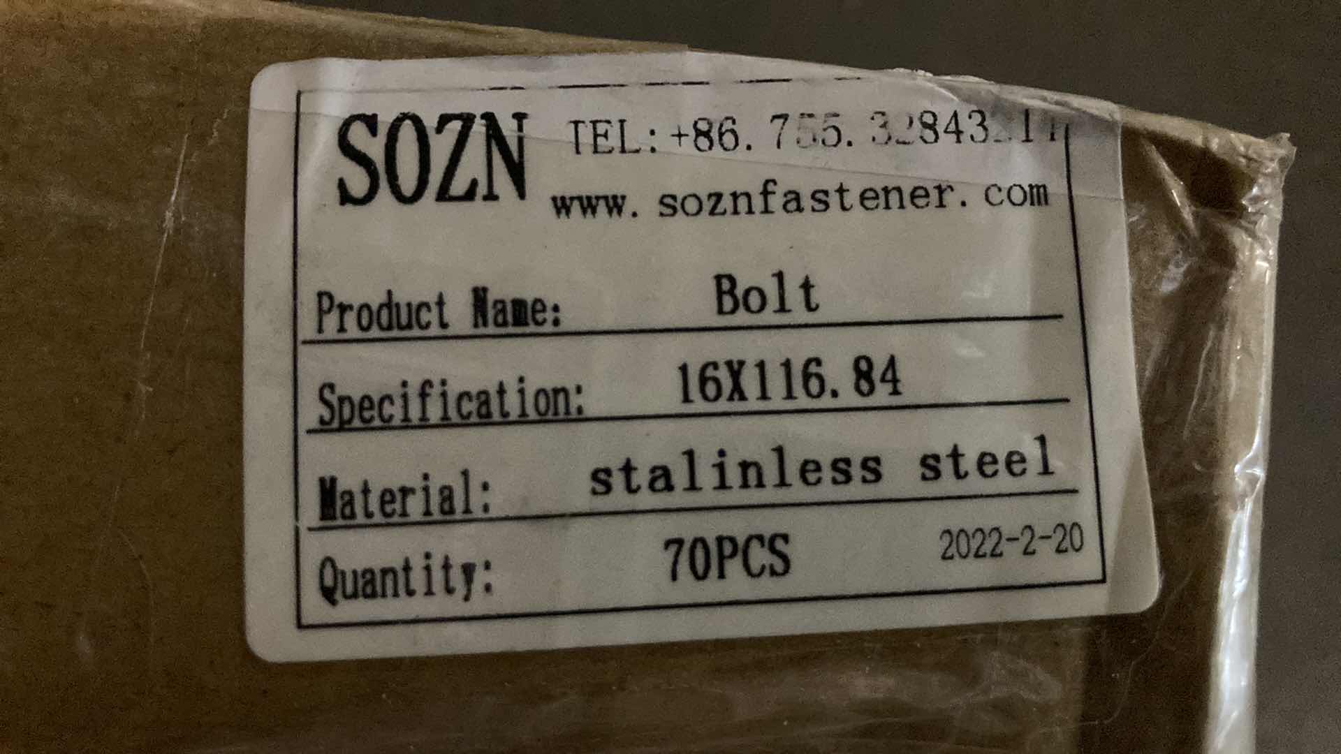 Photo 1 of NEW SOZN FASTENER STAINLESS STEEL BOLT (70PCS) 16mm X 116.84mm